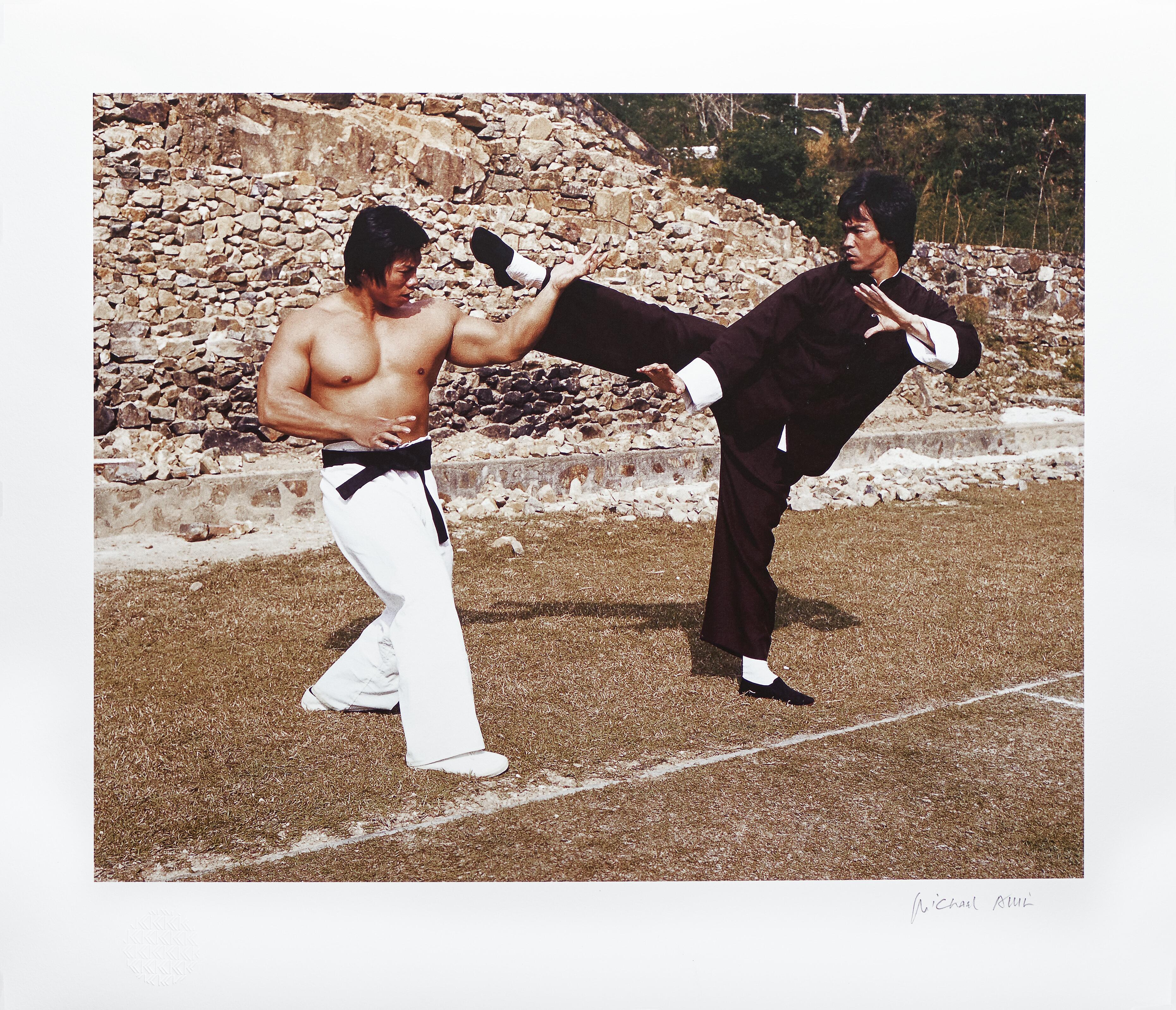 Michael Allin signed print of Bruce Lee and Bolo Yeung; rare Enter the Dragon promotional photoshoot from 1973.