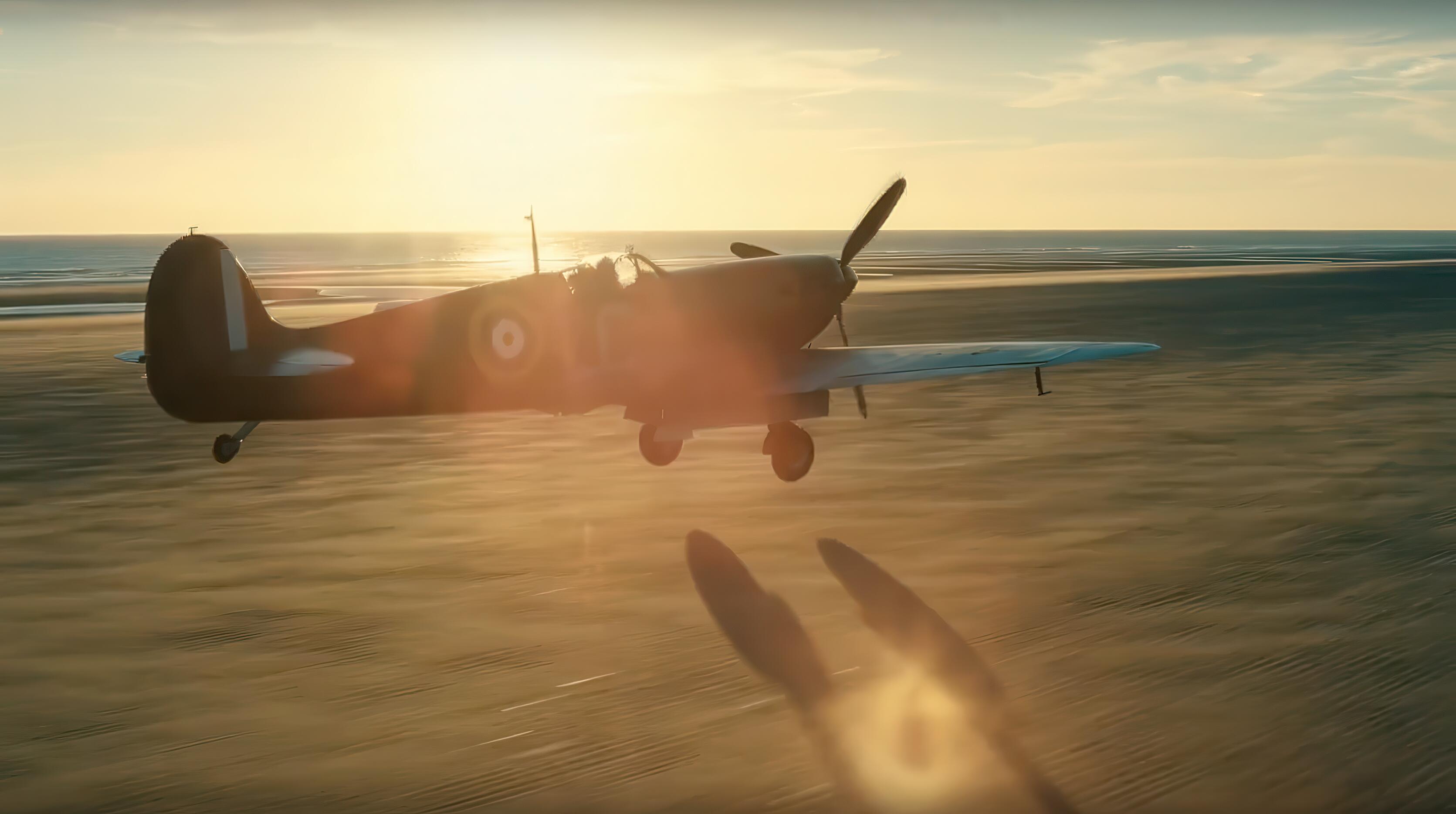 Dunkirk The Movie (2017), directed by Christopher Nolan. The iconic Spitfire lands on Dunkirk beach