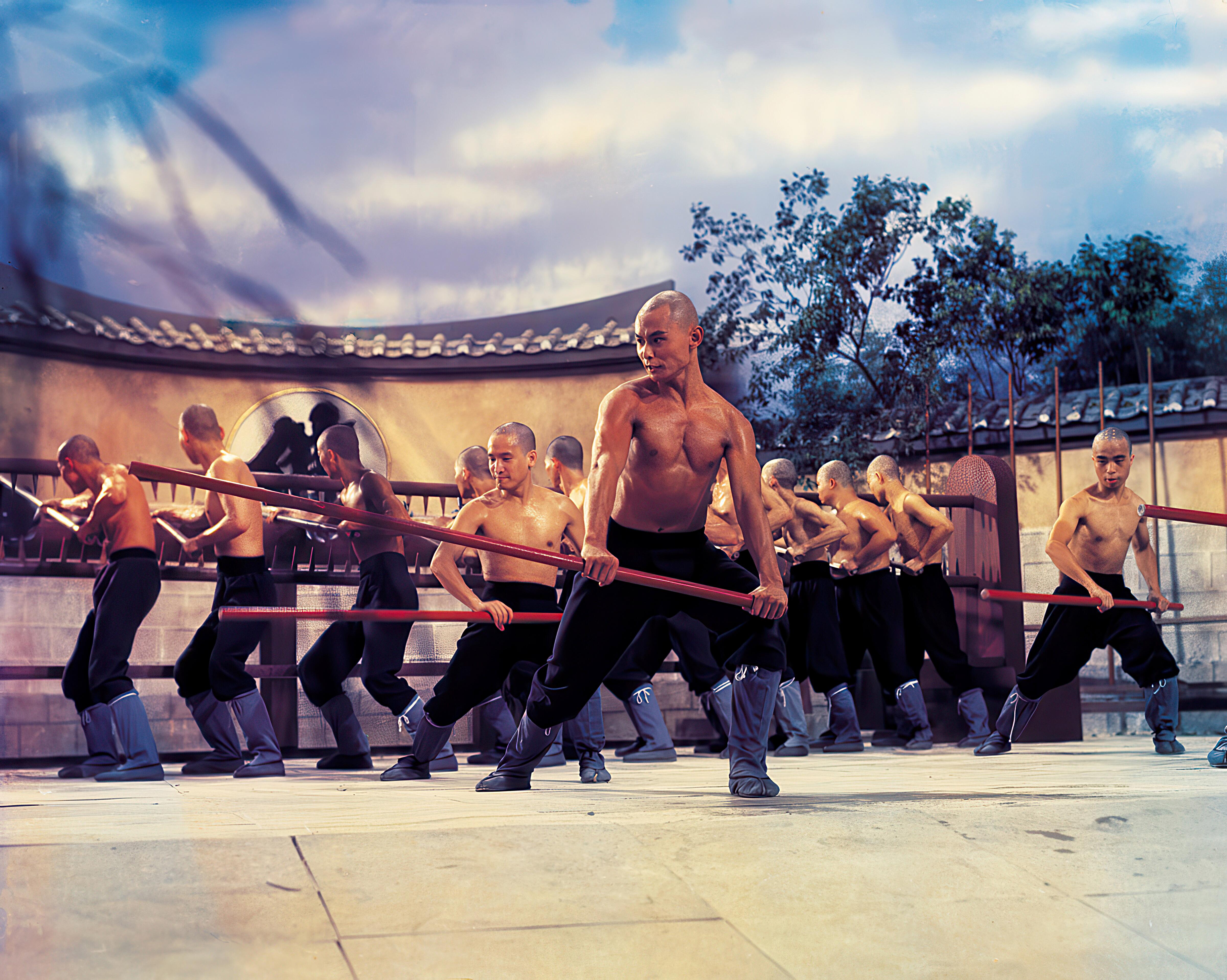Hong Kong superstar, Gordon Liu (Kill Bill 2), practising with a Bo Staff in a famous sequence from the Shaw Brothers classic, The 36th Chamber of Shaolin, released in 1978 and directed by Lau Kar-leung.