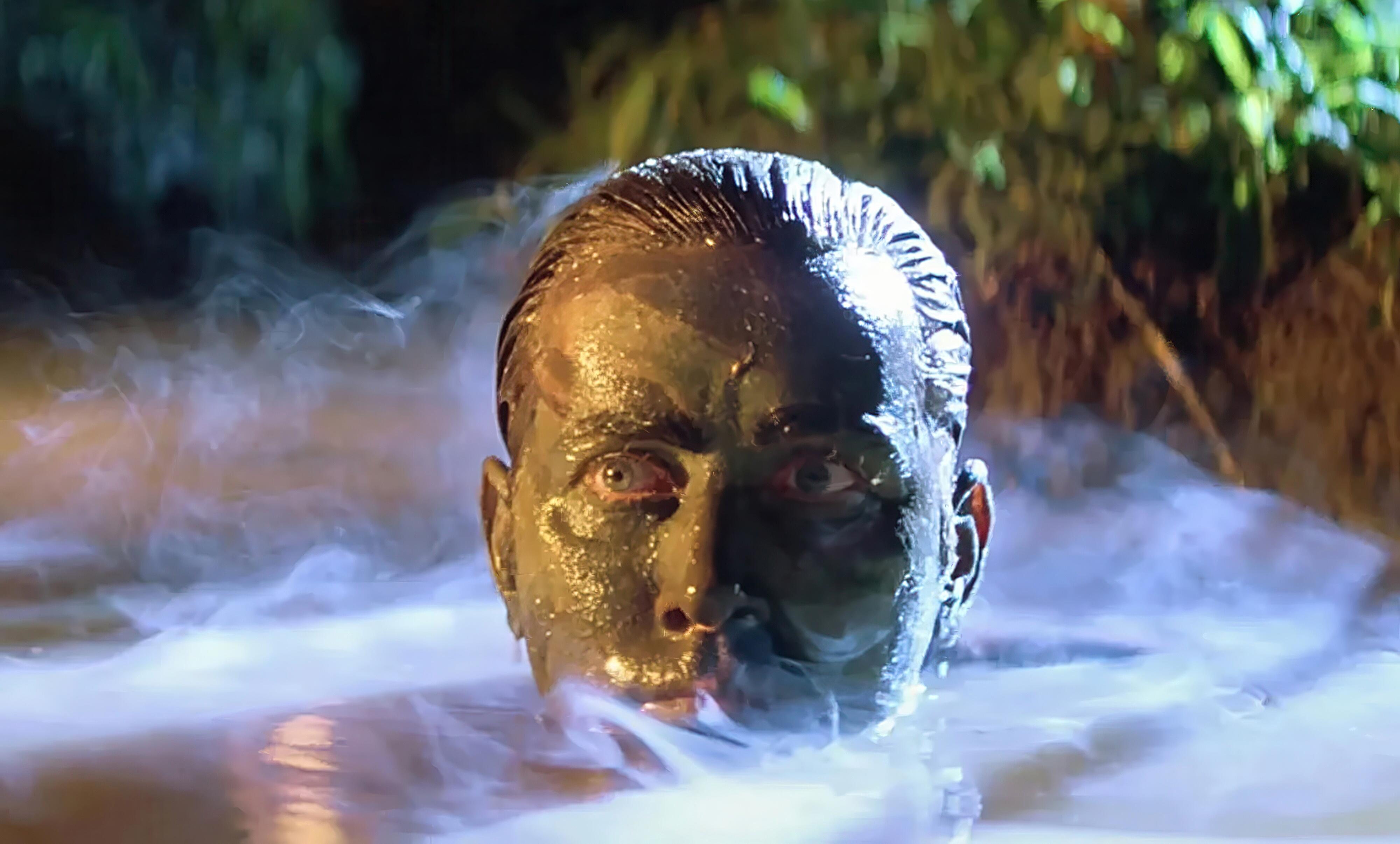 Martin Sheen as Willard, covered in mud and camouflage paint, slowly emerging from the murky, shadowy water, silent and focused, in Francis Ford Coppola’s 1979 masterpiece, Apocalypse Now. The camera captures his eyes glowing in the dark, his face partially obscured by water and paint—transforming him into a near-mythical figure of death and stealth. Famously, the scene is underscored by the hypnotic rhythm of "The End" by The Doors, adding to the dreamlike and foreboding tone.