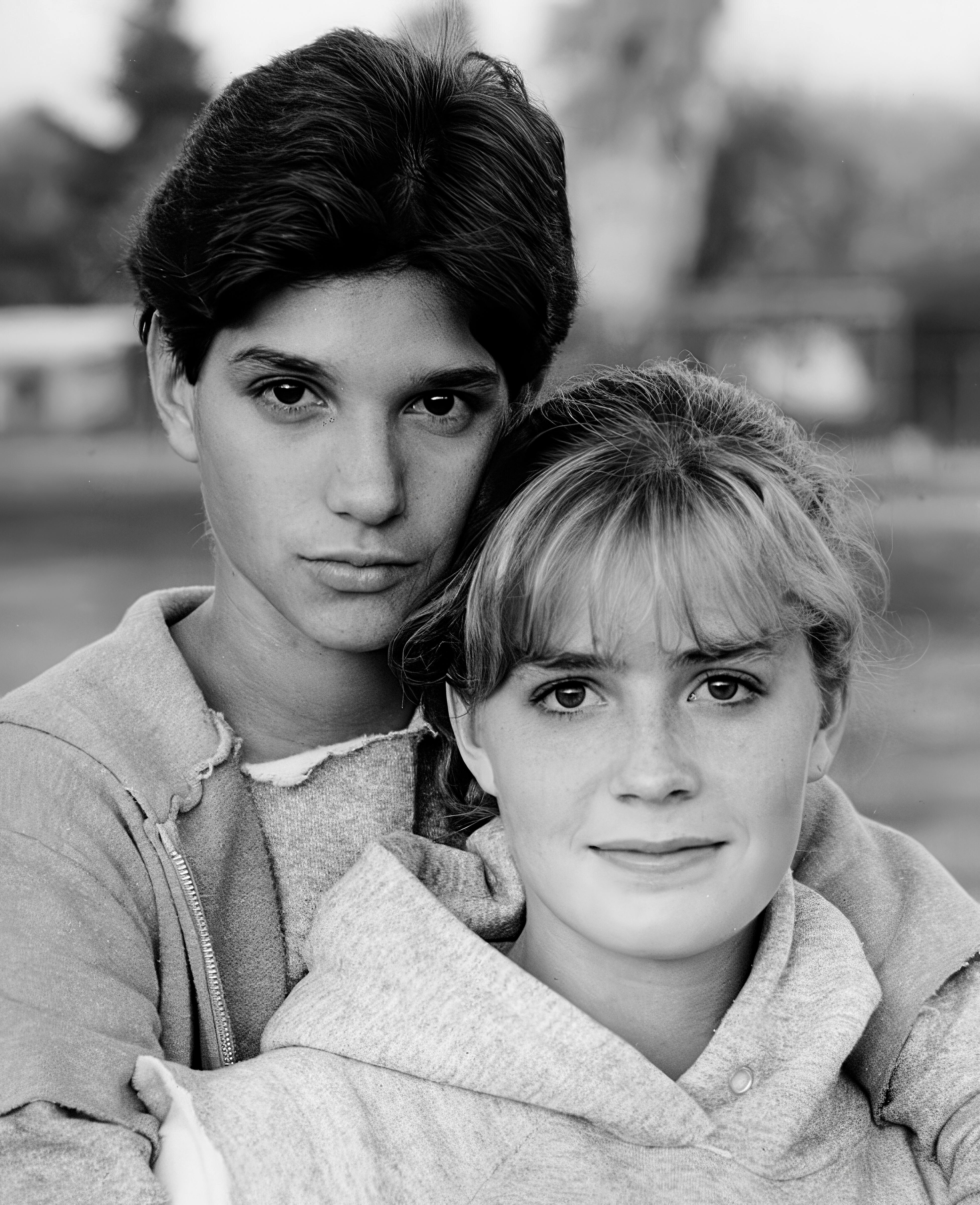 Elisabeth Shue and Ralph Macchio in a romantic publicity shot for 'The Karate Kid' (1984)
