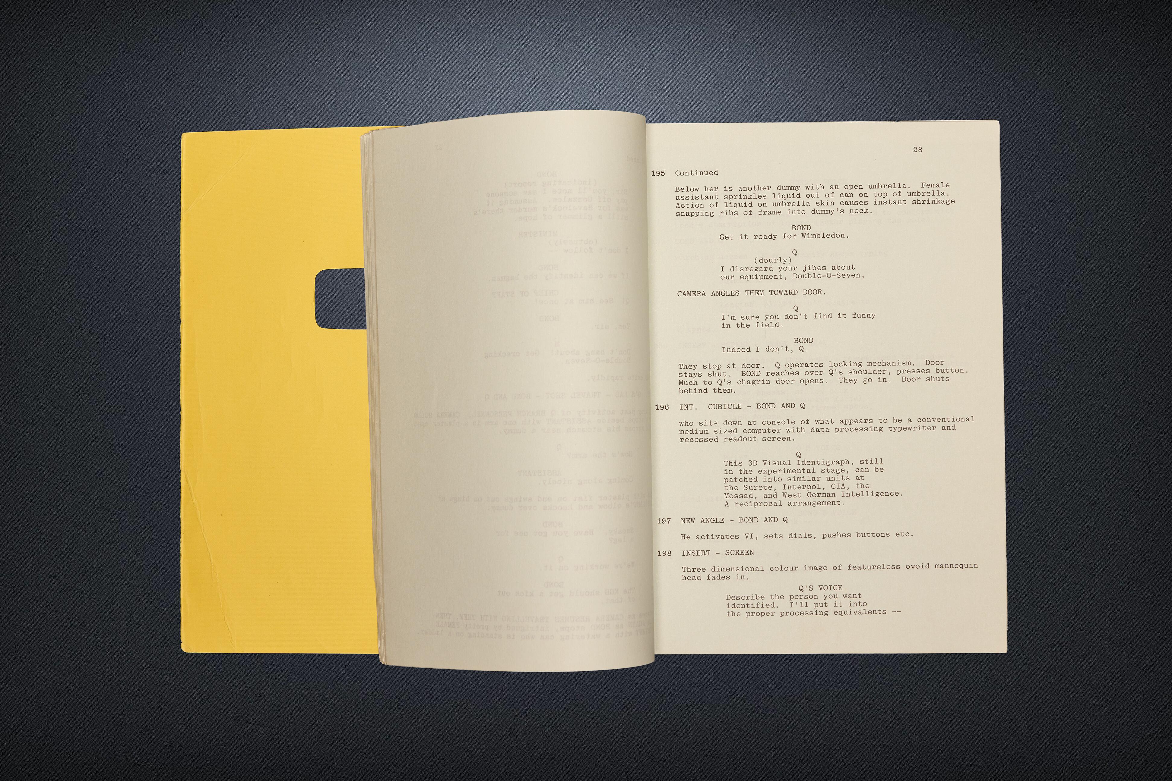 An exchange of dialogue between James Bond and Q (Roger Moore and Desmond Llewelyn) a Production Used Screenplay for 'For Your Eyes Only' - Available for Sale at Kudos Memorabilia.com