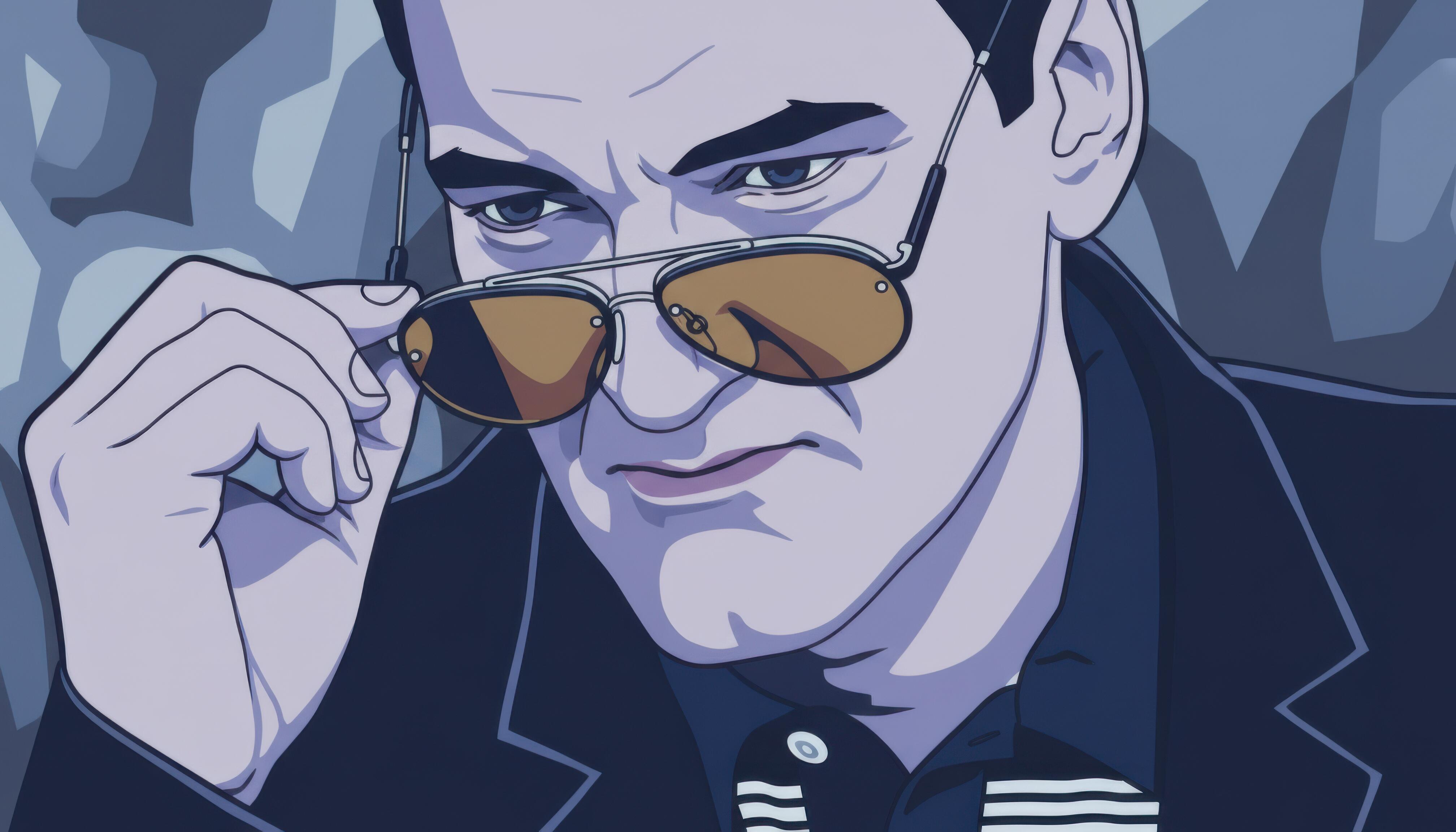 Quentin Tarantino lowering sunglasses in a cool graphic novel illustration