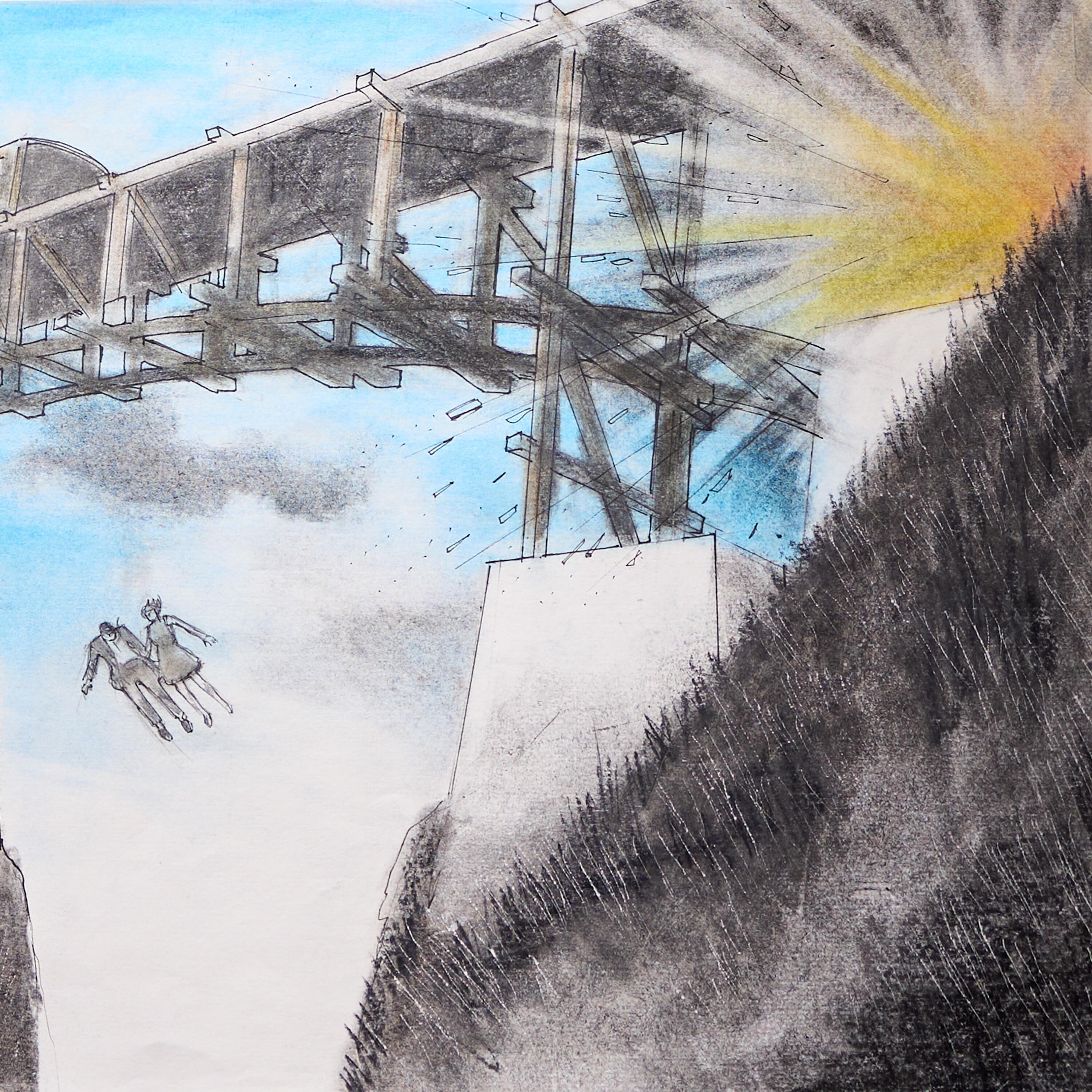 Goldeneye - Syd Cain Signed Concept Sketch - Train and Bridge Jump Sequence, close up
