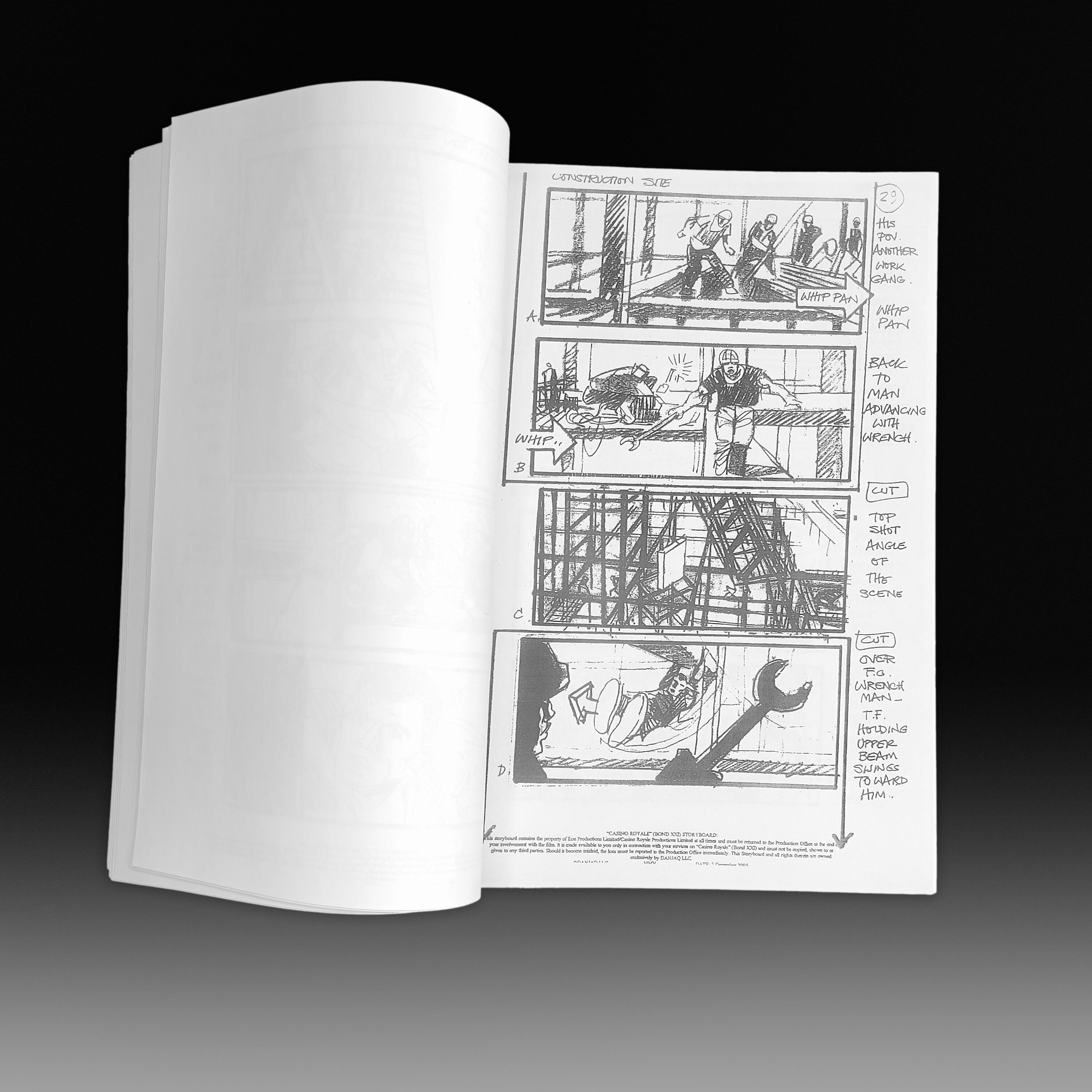 Product gallery James Bond 007 - Casino Royale (2006) Storyboards - Construction Site Freerunning Chase (80 pages). Image displays the book open on one page showing the 'construction site' scene from Casino Royale