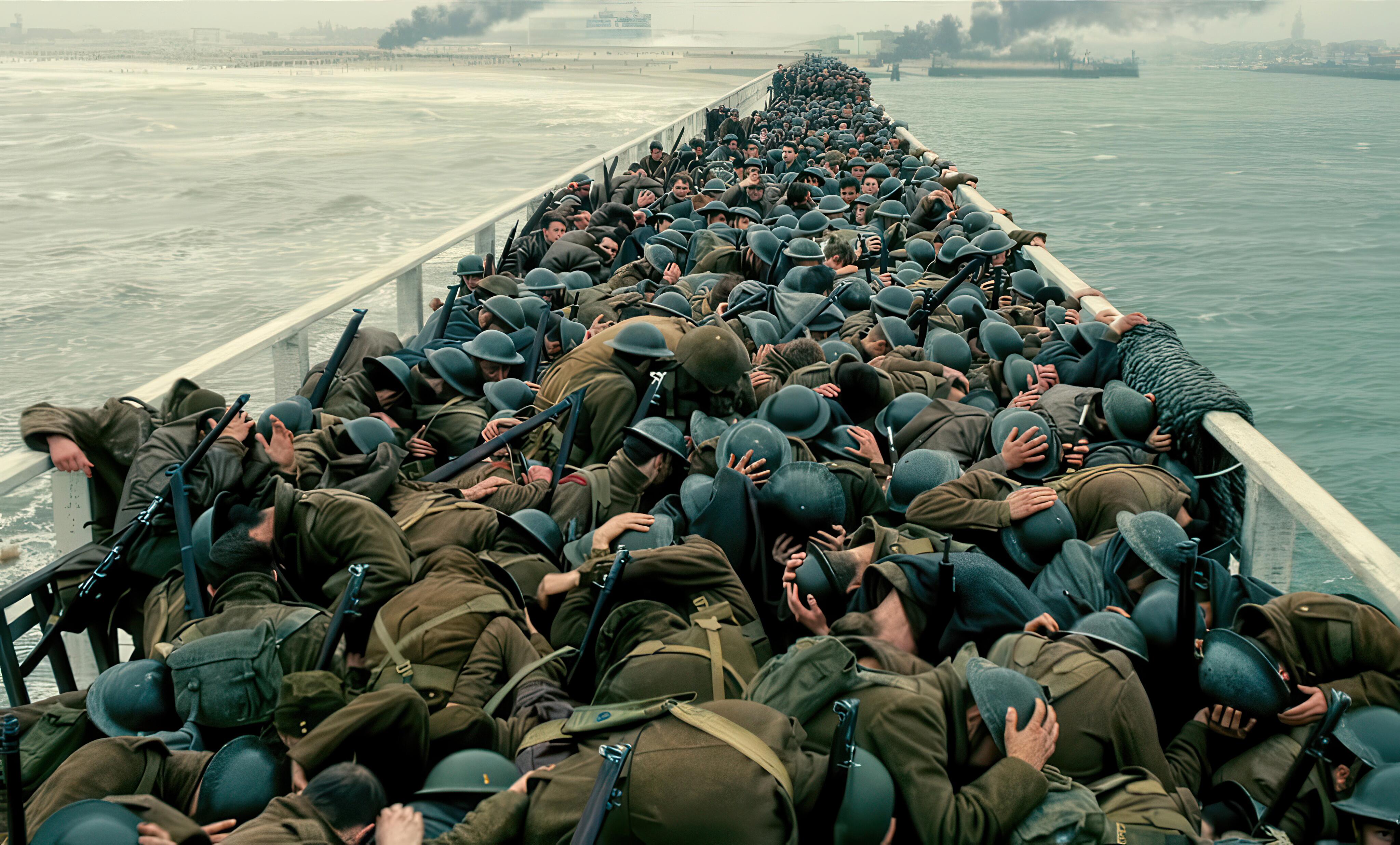 Dunkirk The Movie (2017), directed by Christopher Nolan. Hundreds of British Troops wait for evacuation on the infamous ‘Mole’.
