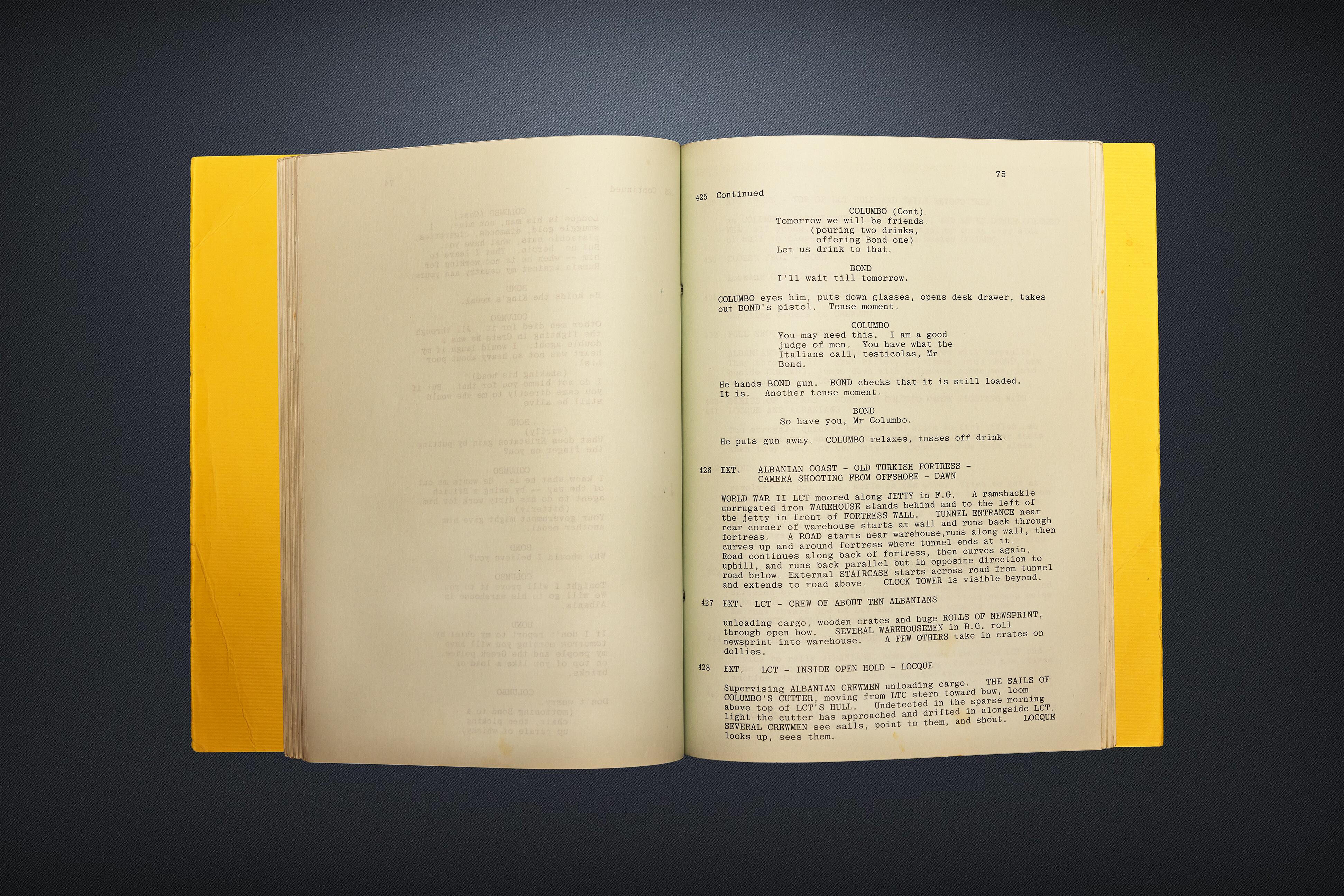 A very collectable original production script for the 1981 James Bond movie, 'For Your Eyes Only', dated August 12, 1980, and brad-bound in yellow card covers. The front cover bears the ownership name "Marc Wolff" handwritten in blue ink.