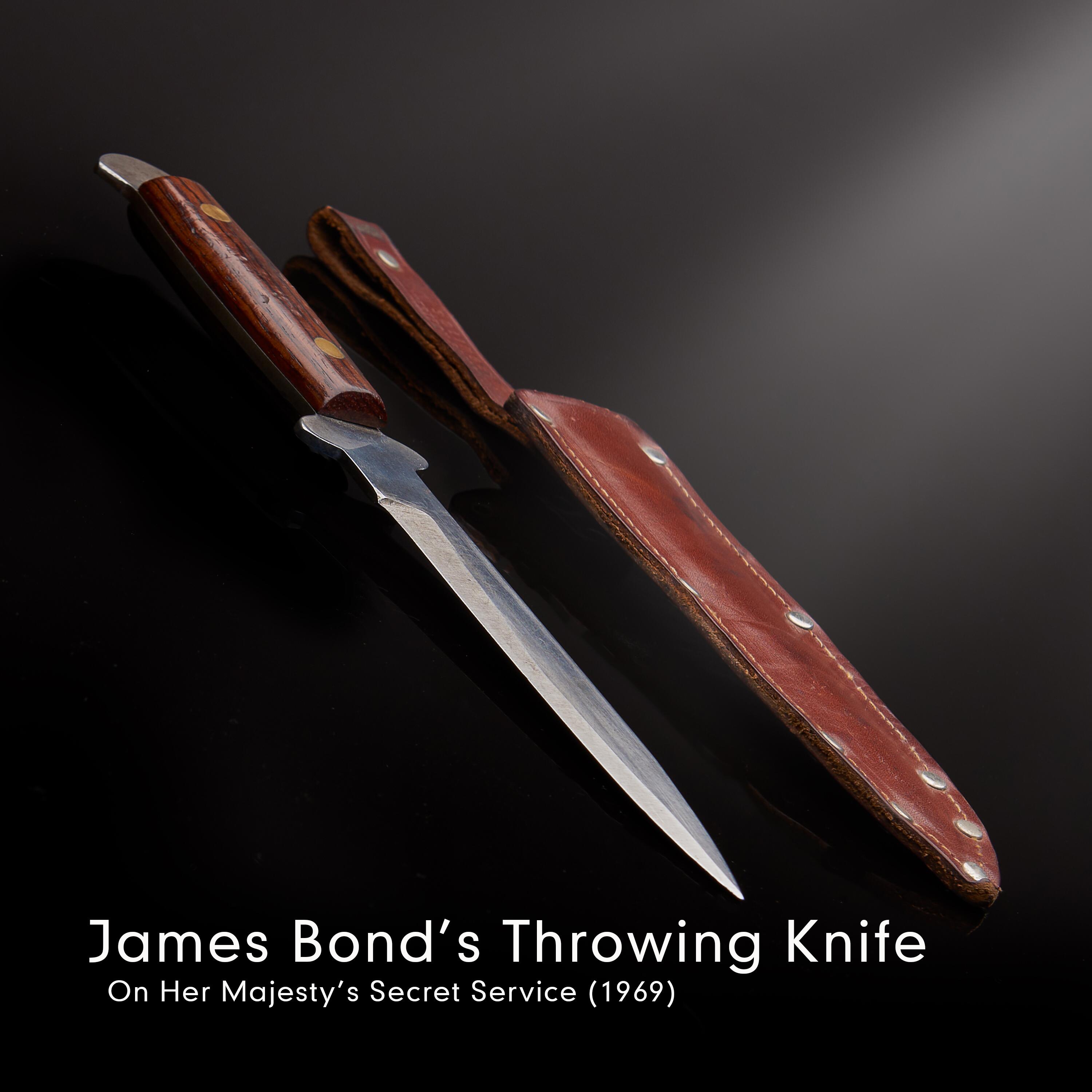 An original production-used James Bond throwing knife from the 1969 film On Her Majesty’s Secret Service, previously displayed at The Bond Museum.