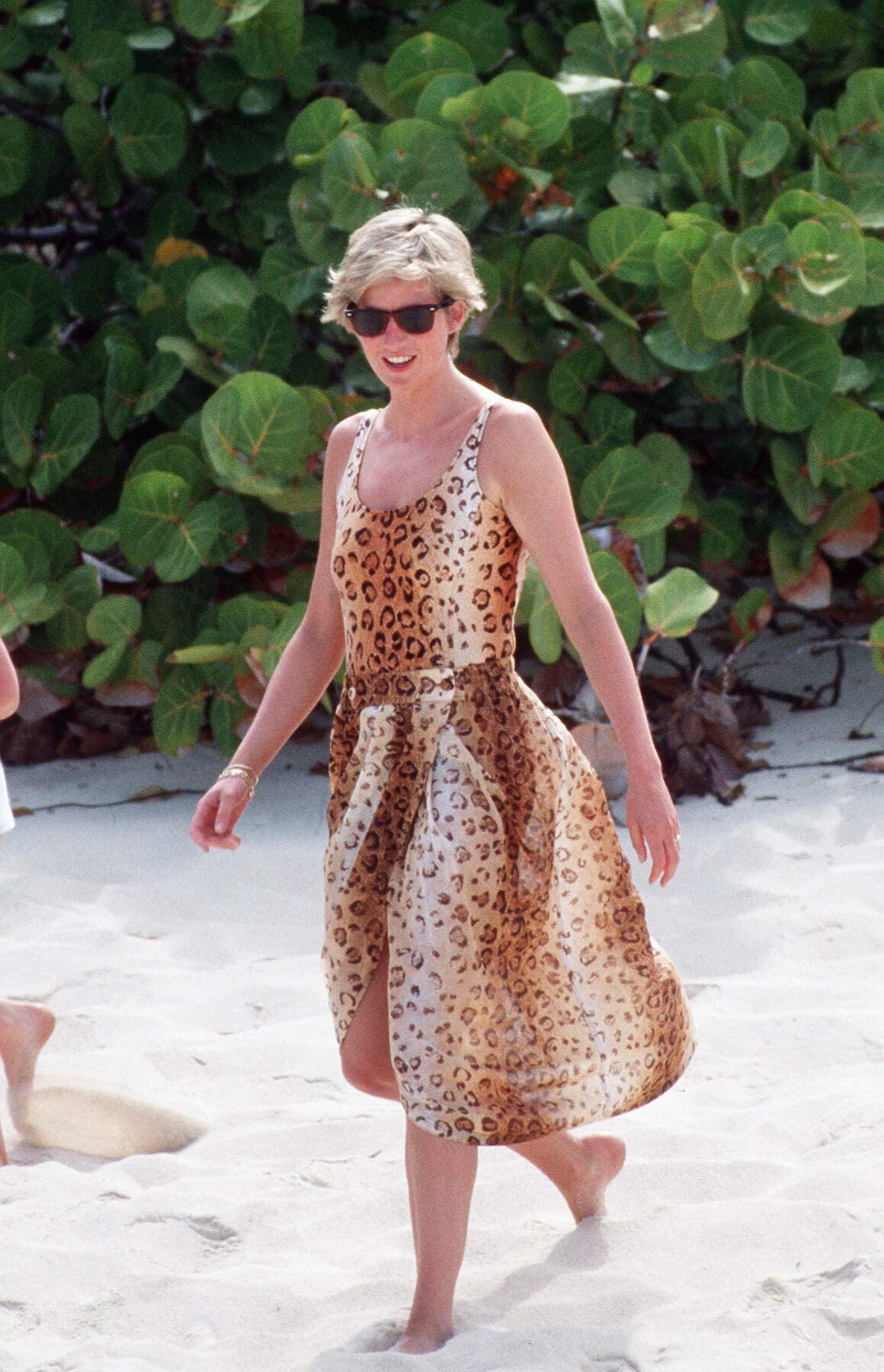 Diana, Princess of Wales, wearing a leopard-print bathing costume and matching sarong on Necker Island