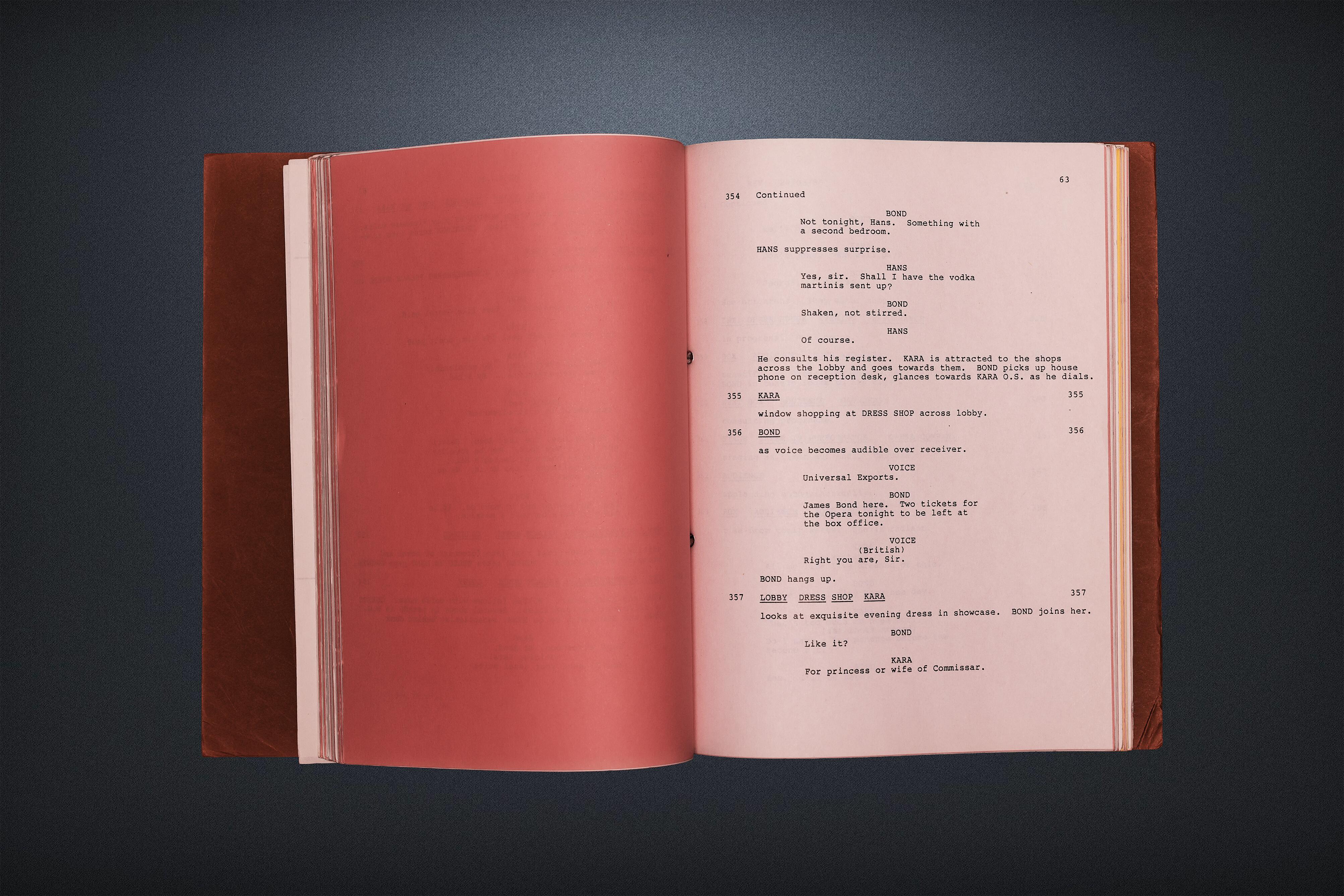 A production-used screenplay from The Living Daylights – Timothy Dalton’s début film as James Bond, 007 – from the personal collection of Marc Wolff, an acclaimed stunt-pilot and aerial cameraman (who worked on twelve James Bond films). The script was written by Richard Maibaum and Michael G. Wilson. This image shows one of the pink revision script pages. Available from Kudos Memorabilia Ltd.