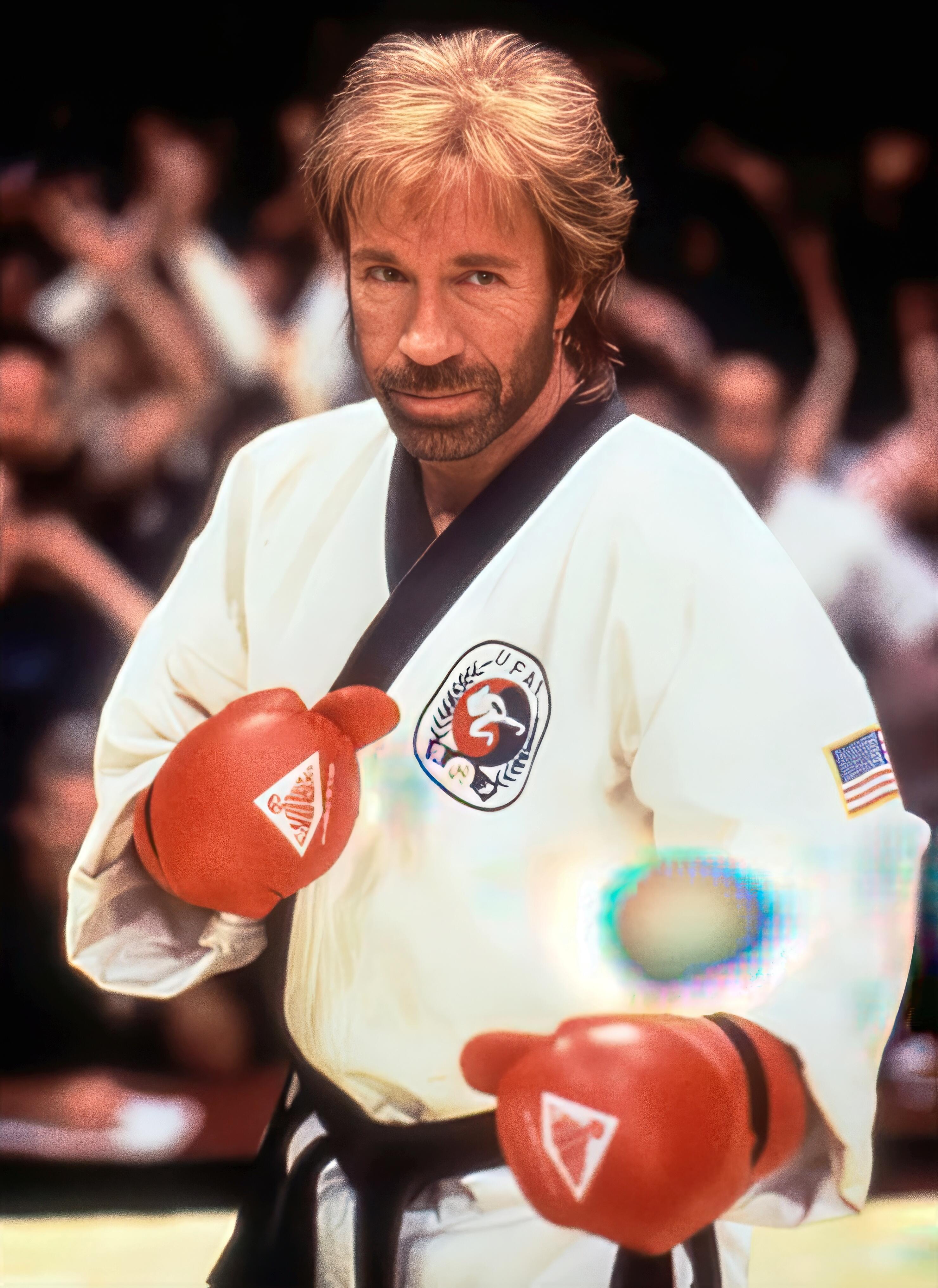 Chuck Norris looking directly at the camera in a fighting stance, wearing a white martial arts Gi with a black belt, UFAF patch, and red padded gloves. THE UFAF is the United Fighting Arts Federation founded by Chuck Norris in 1979.