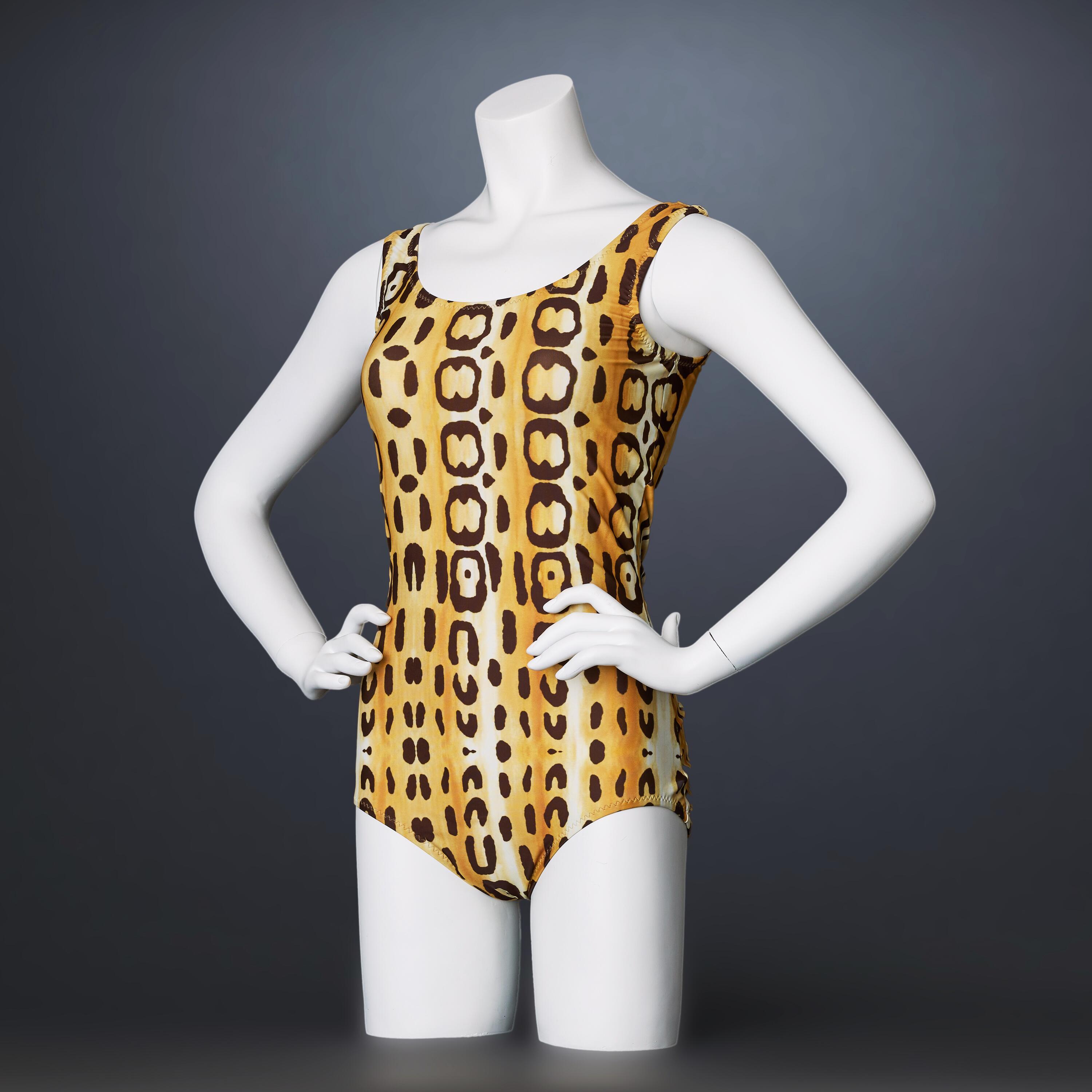The leopard-print, screen-used, bathing costume worn by actress, Elizabeth Debicki, for her portrayal of Diana, Princess of Wales, in Season 5, Episode 1 of the The Crown "Queen Victoria Syndrome" - available to rent or exhibit from Kudos Memorabilia, UK