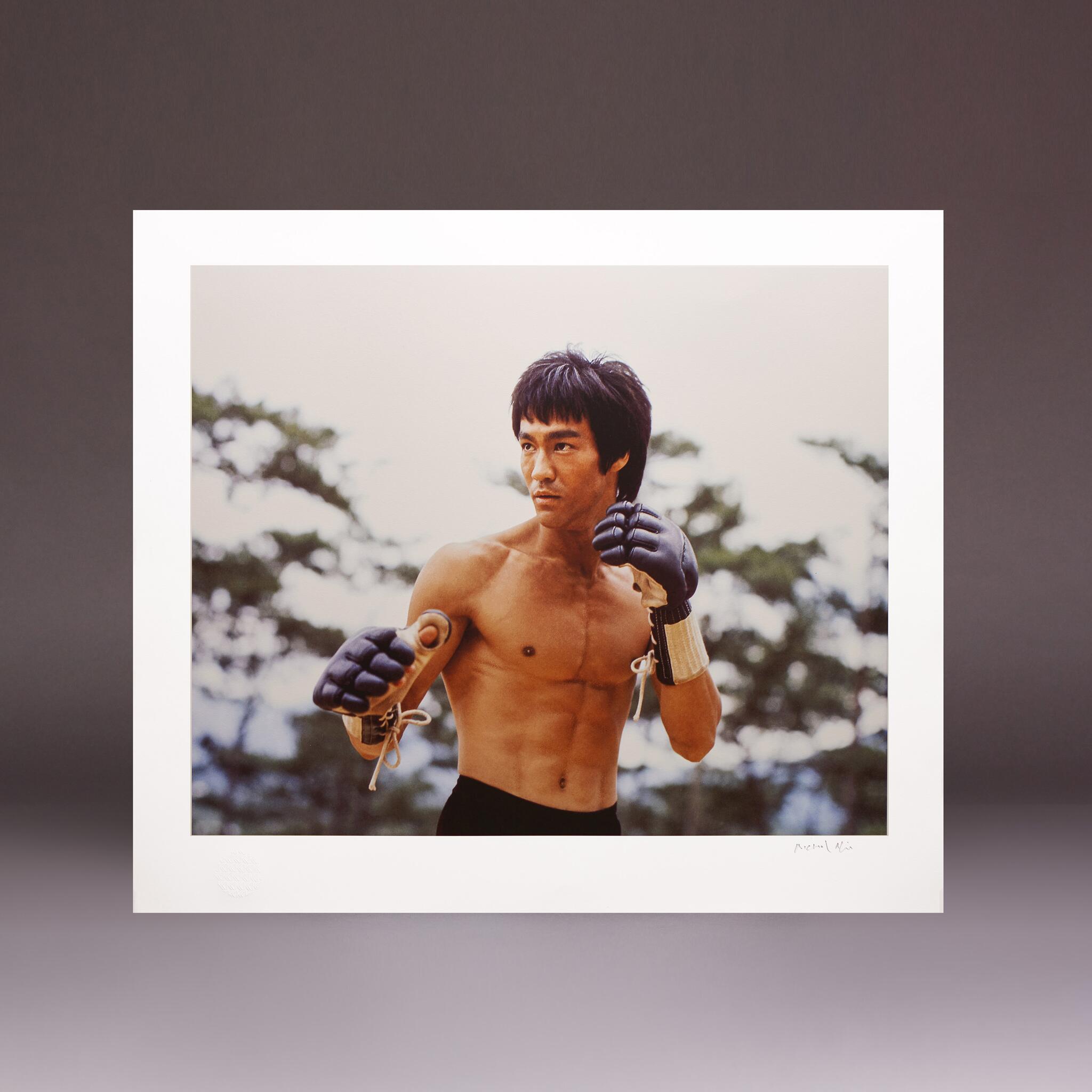 Michael Allin signed print of Bruce Lee vs Sammo Hung in Enter the Dragon; Bruce wearing Vale Todo MMA gloves.