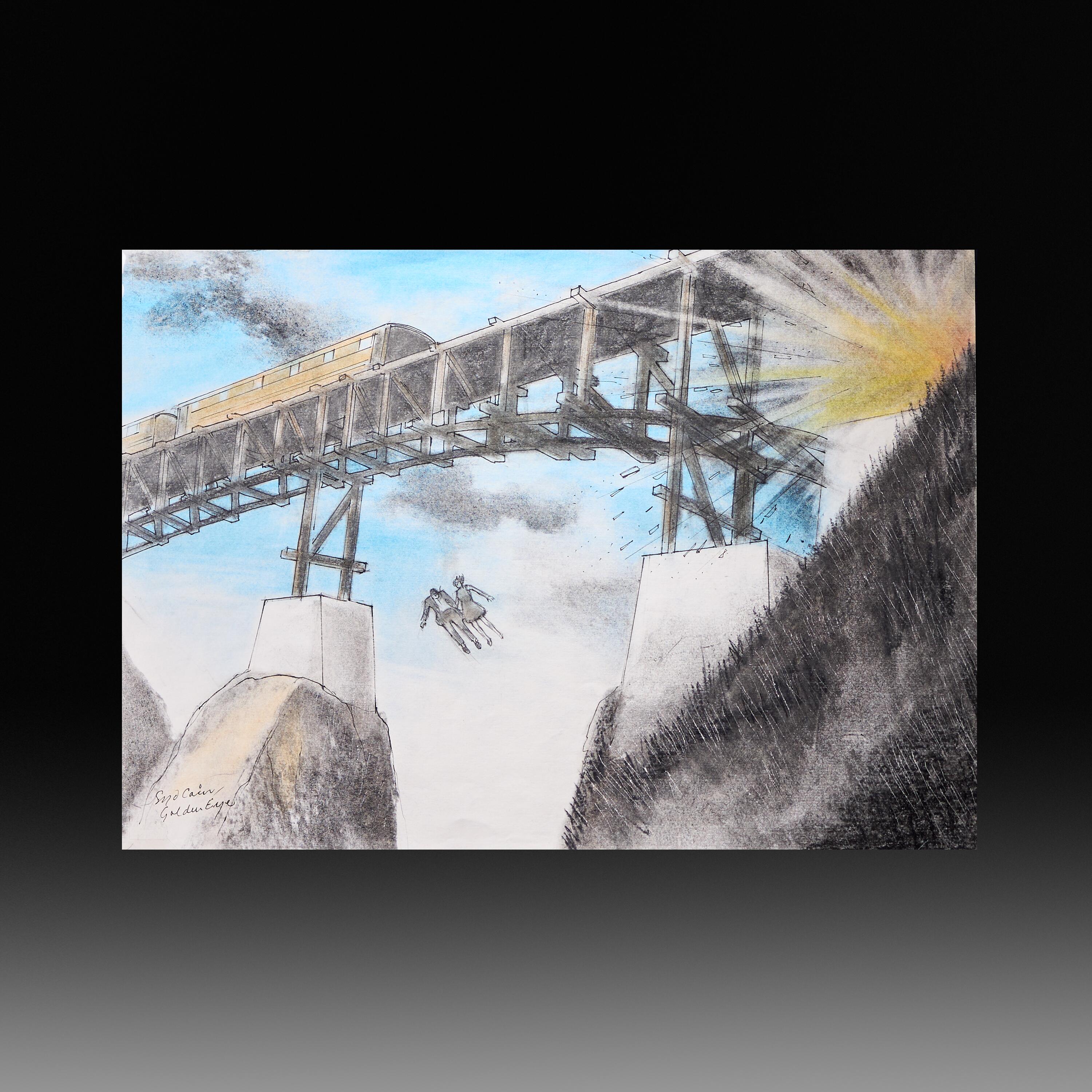 James Bond, Goldeneye - An Original Syd Cain Signed Concept Sketch - Train and Bridge Jump Sequence