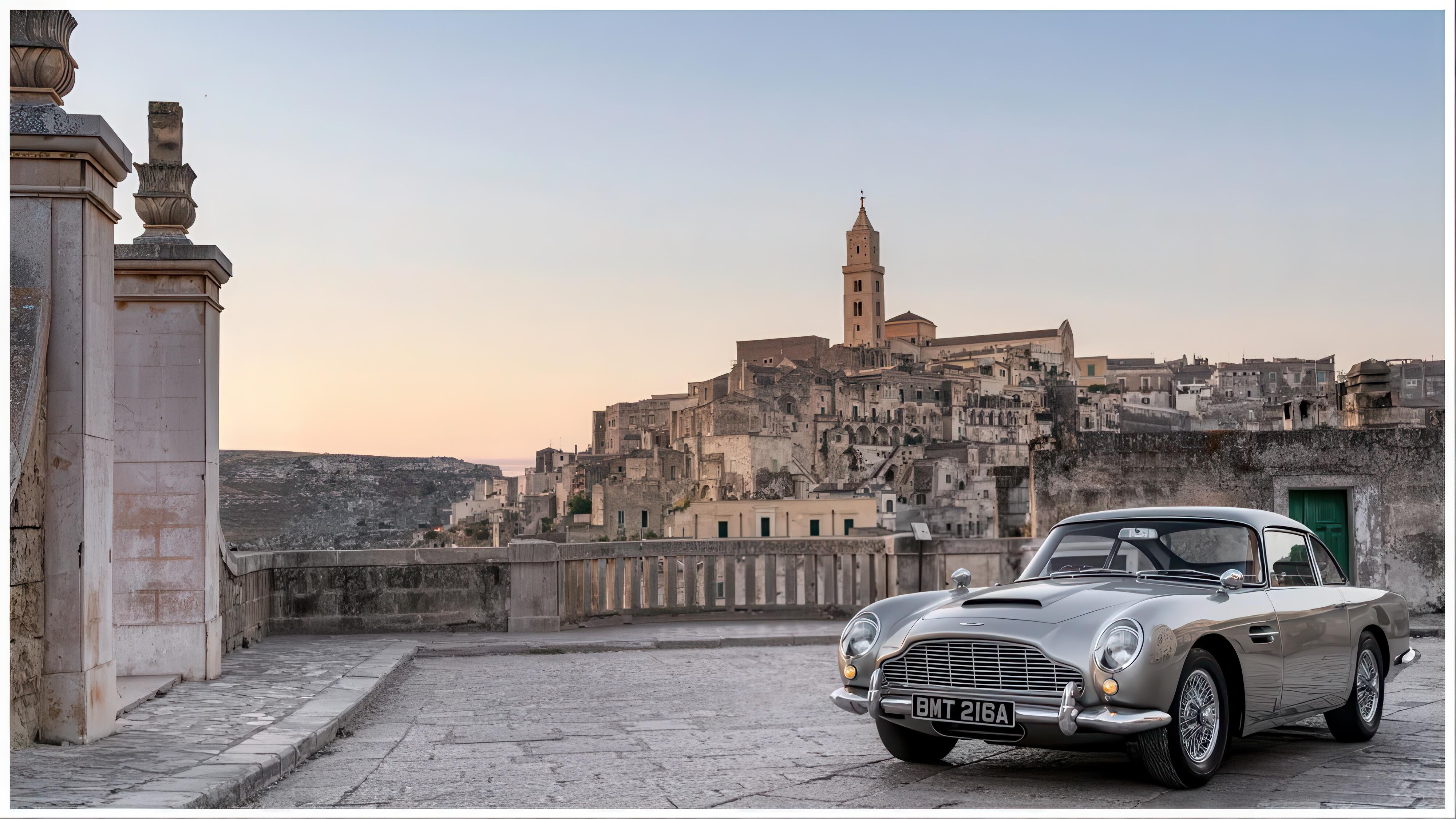 James Bond’s iconic Aston Martin DB5 in Matera, Italy, from the opening sequence of No Time to Die.
