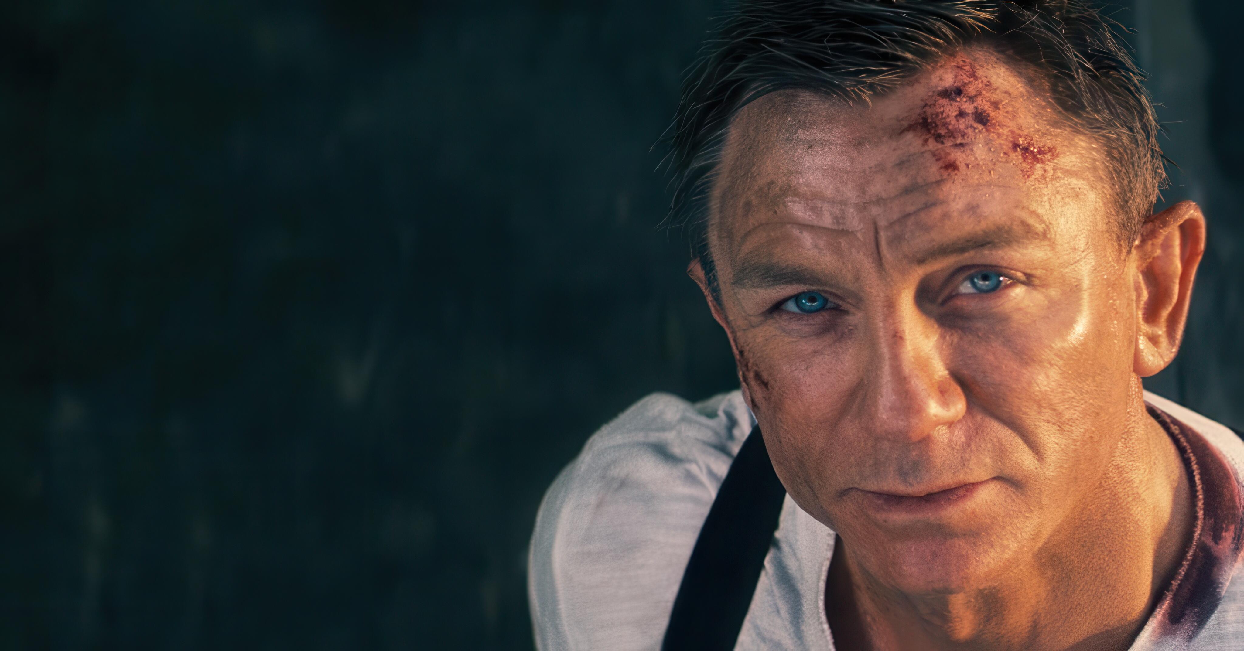 An intense portrait of James Bond (Daniel Craig) from the finale of No Time to Die, illustrating the calm courage with which he awaits his death from incoming missile fire.
