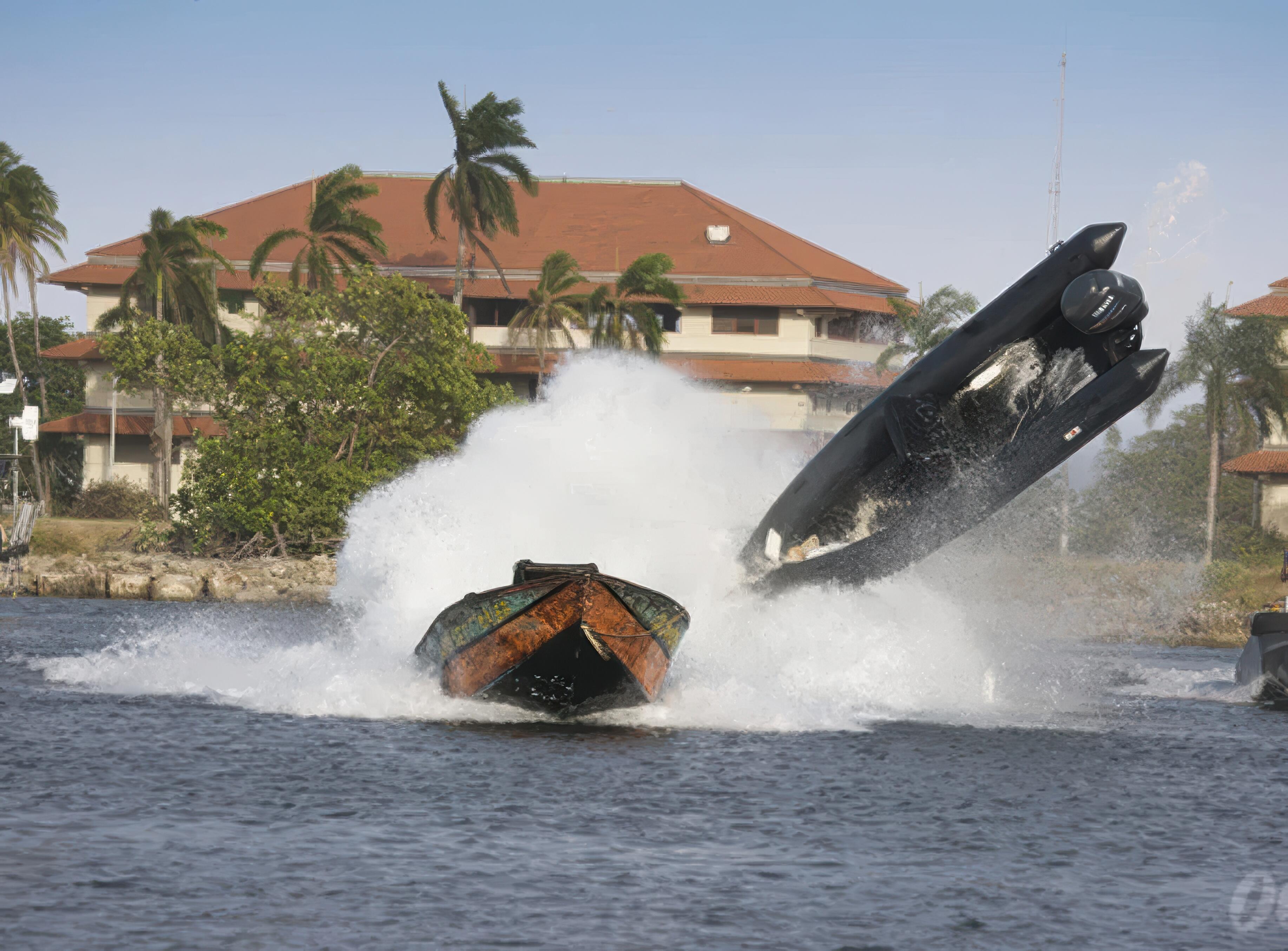 The thrilling harbour boat chase from Quantum of Solace, featuring a spectacular mid-air collision and stunt sequence.