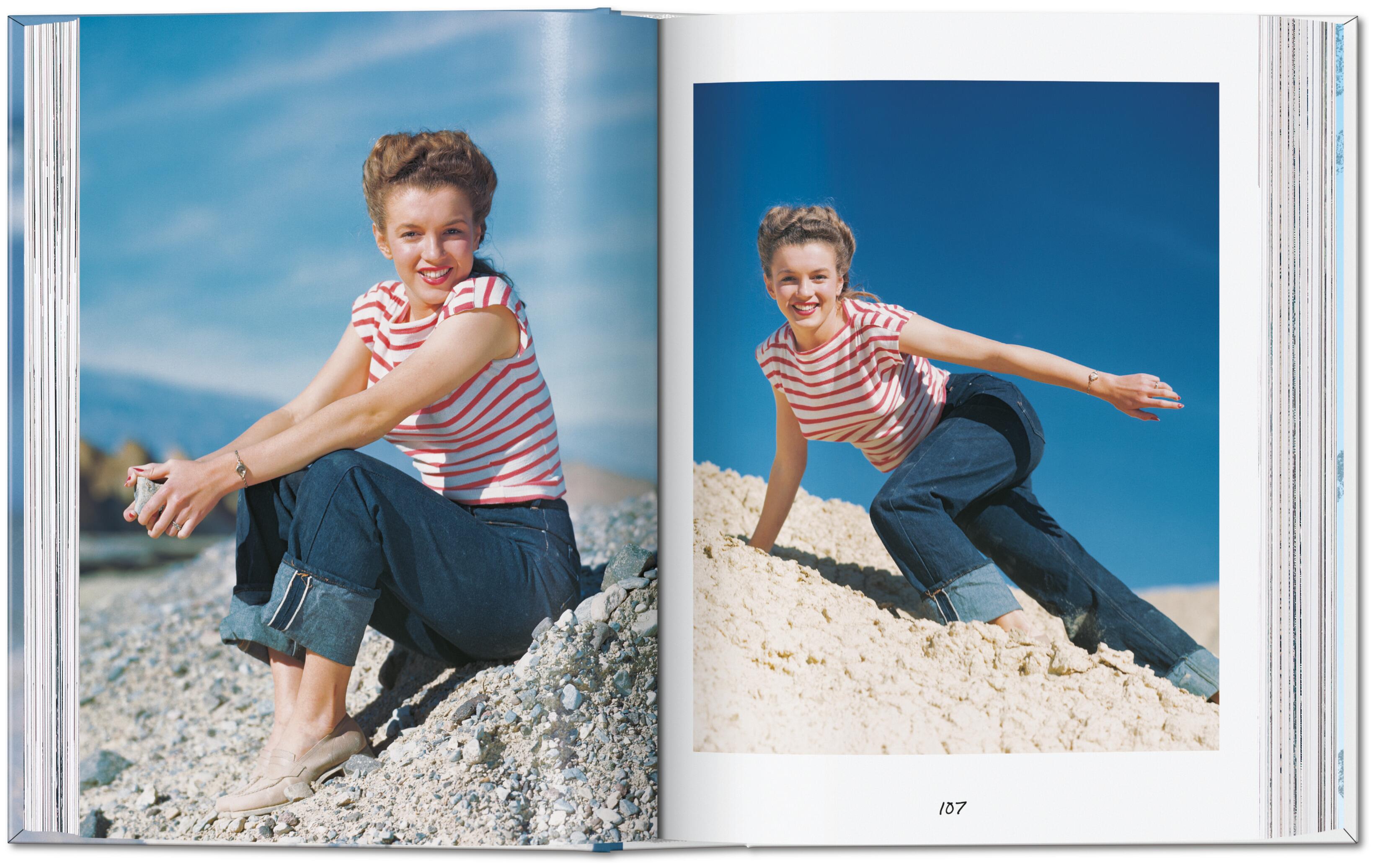 A double-page spread of a young Marilyn Monroe in a striped top and blue jeans.