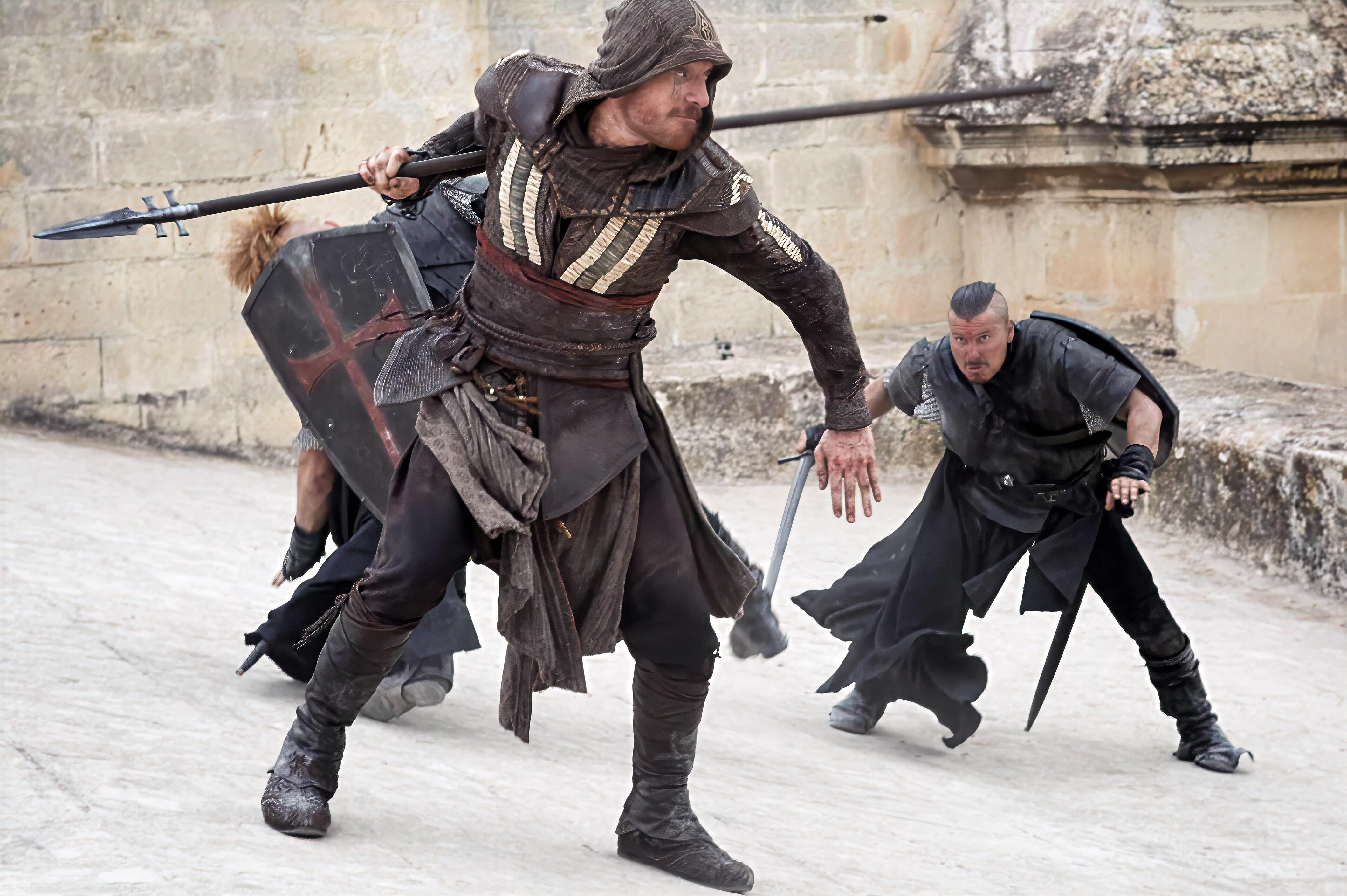 Actor Michael Fassbender fighting with an original production-made medieval spear created for the 2016 feature film Assassin's Creed.