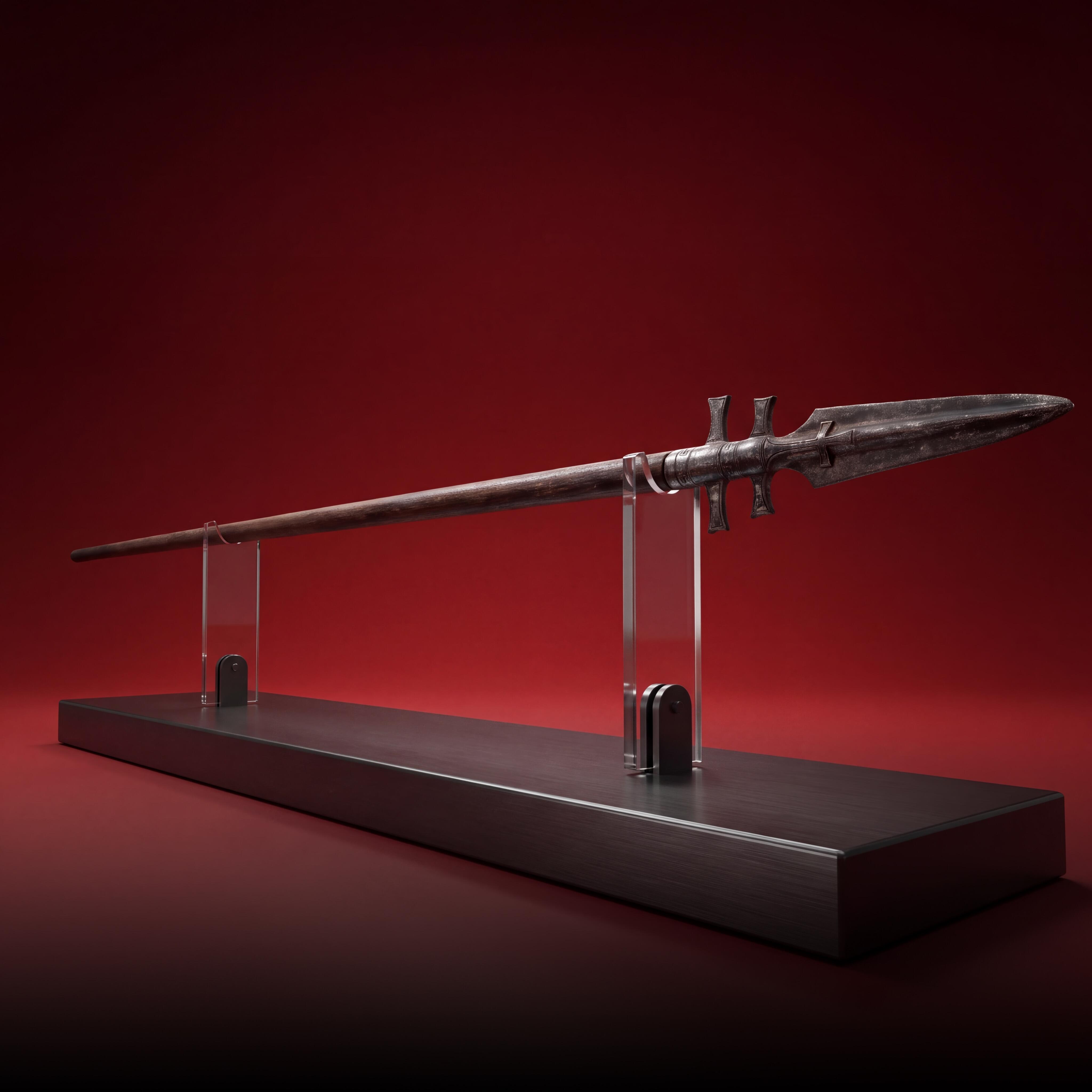 An original production-made medieval spear created for the 2016 feature film Assassin's Creed on Display Stand
