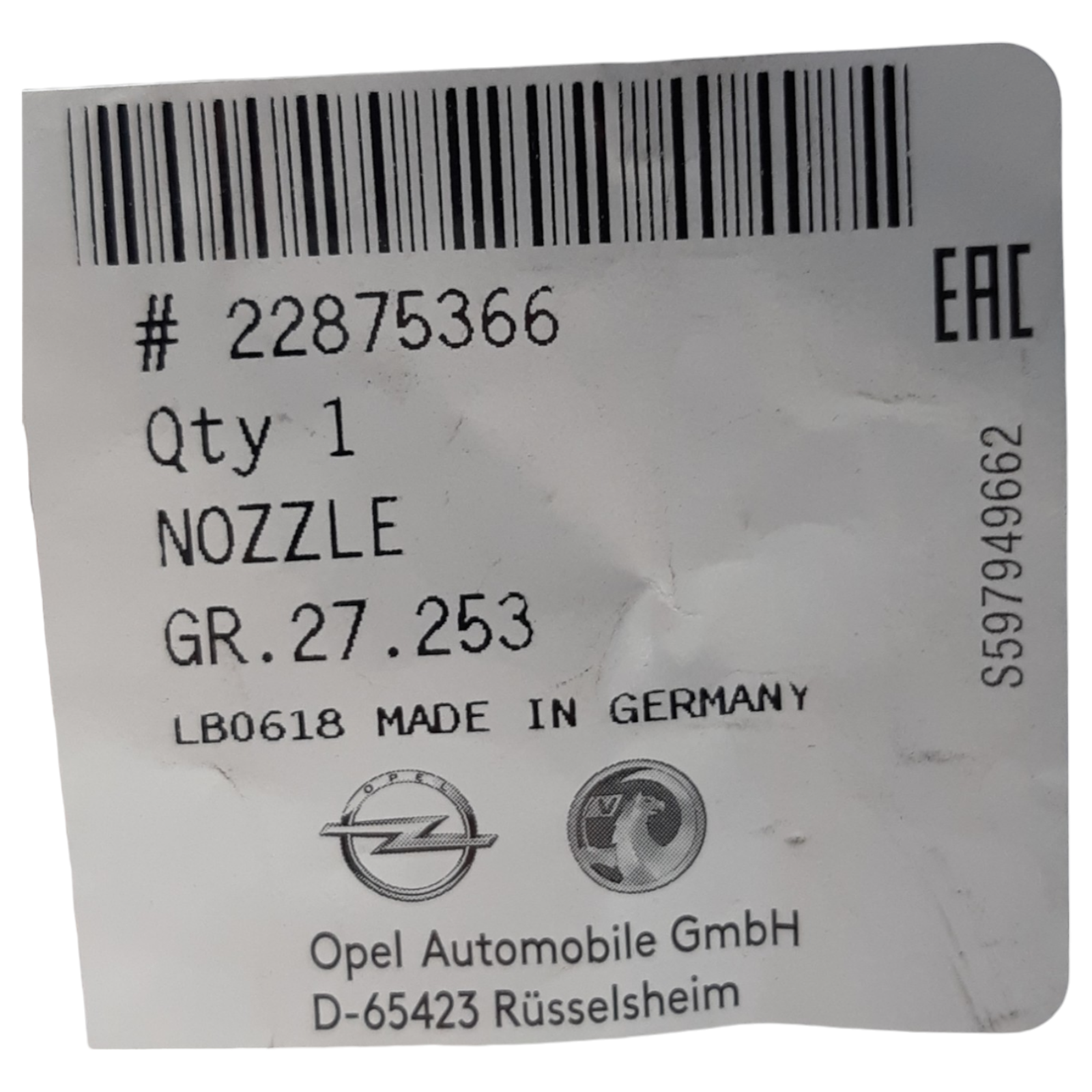 Genuine Vauxhall Insignia LH NS Headlamp Washer nozzle 22875366 – VIN