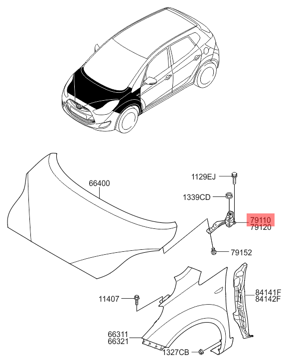 Genuine Hyundai ix20 LH NS Bonnet Hinge Assembly — OEM-grade replacement — part number 791101K000