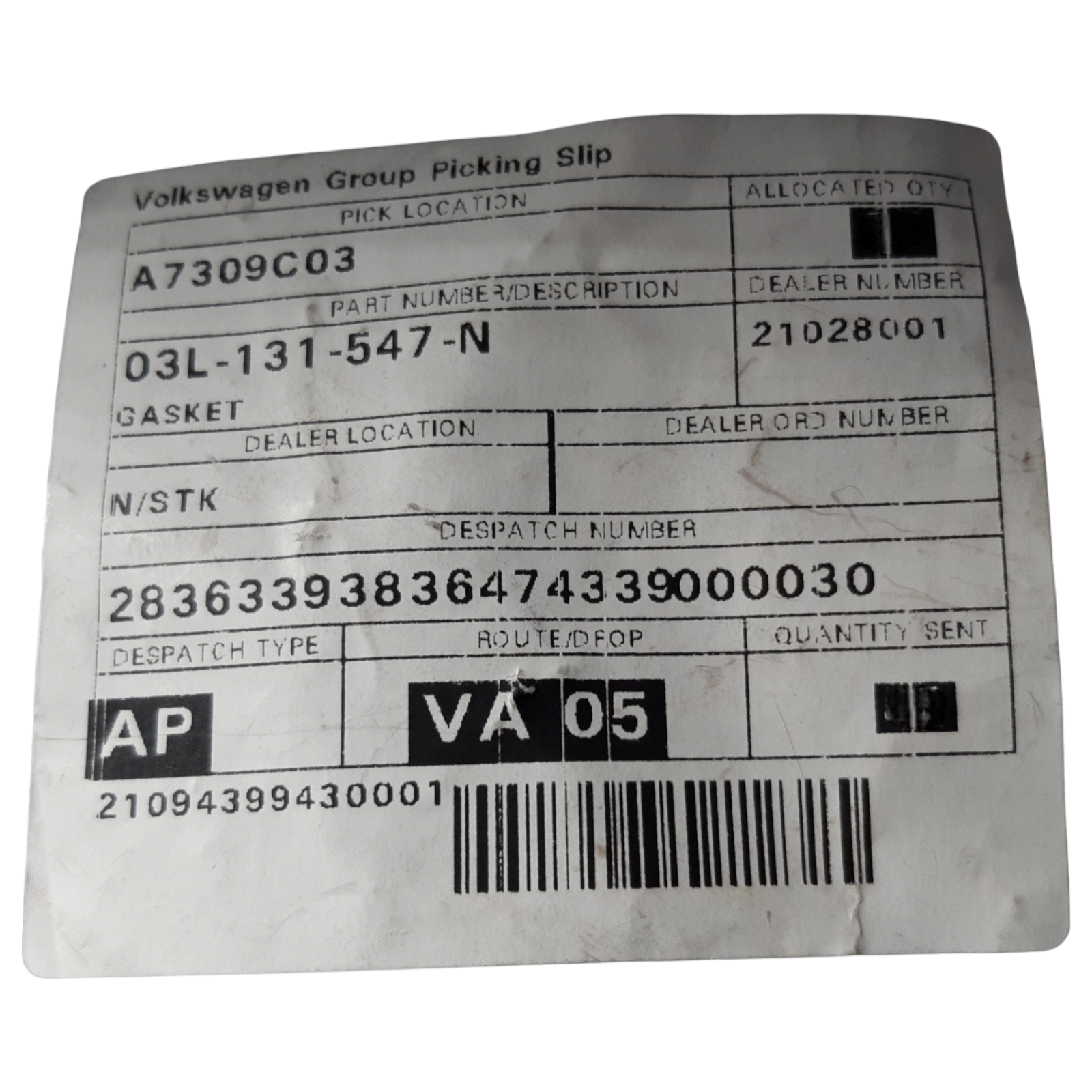 Volkswagen SEAT Skoda EGR Valve gasket original equipment