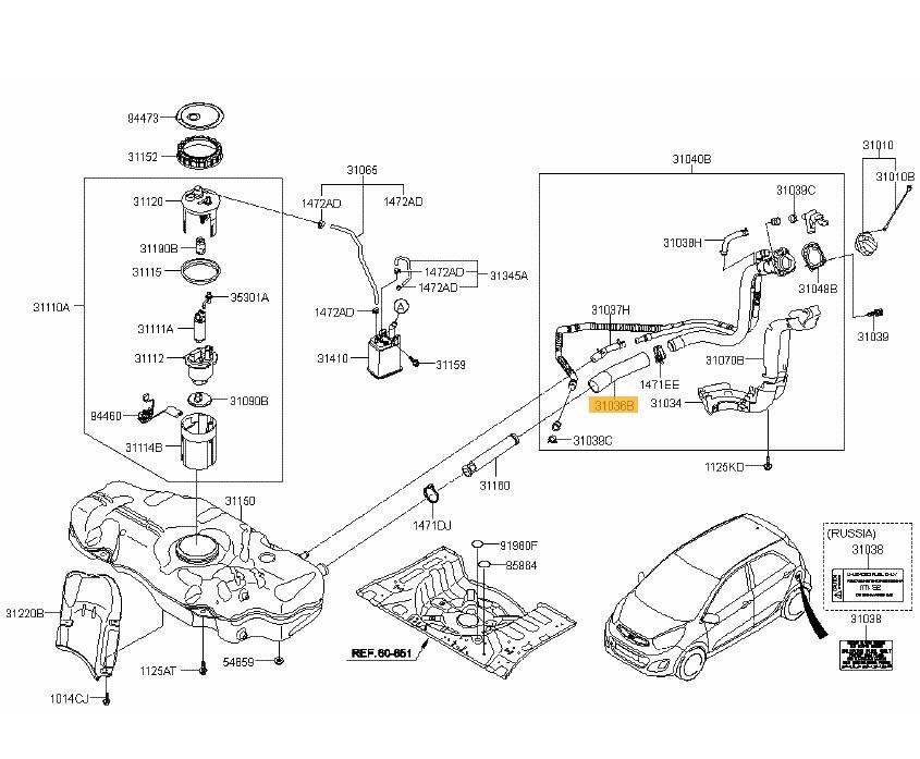 Genuine KIA Picanto (11) Fuel filler hose kit 310361Y000