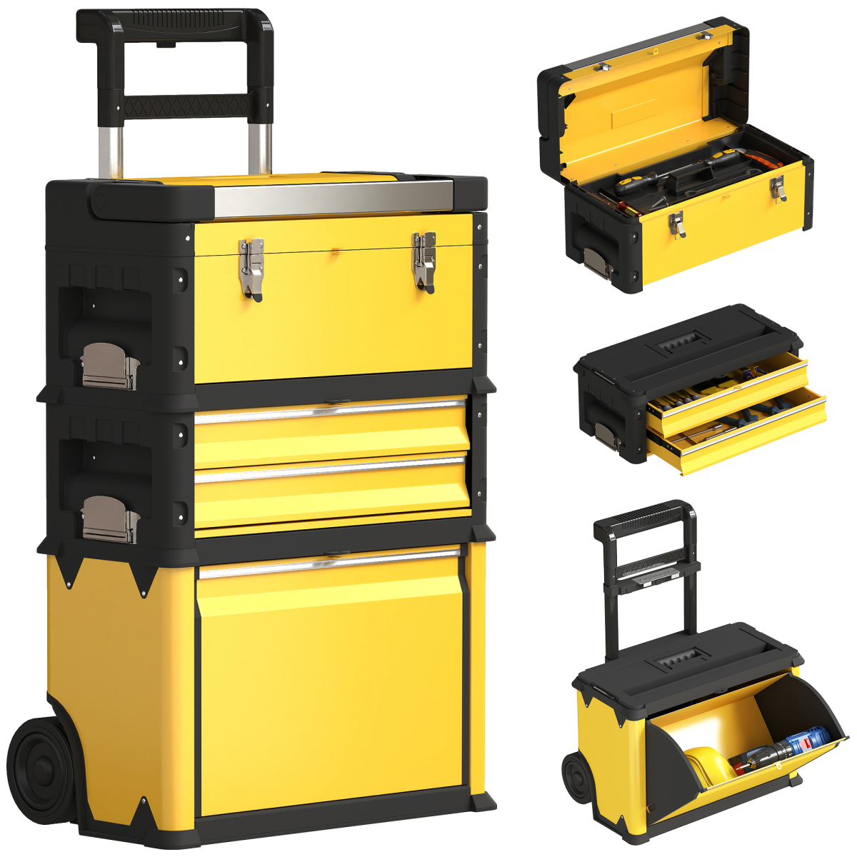 Portable Stackable Toolbox HOMCOM 3-Tier Tool Box with Wheels, Stackable Steel Toolbox
