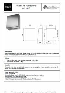 FC Frost Hand Dryer 02.1010 Tech Specs Data Sheet
