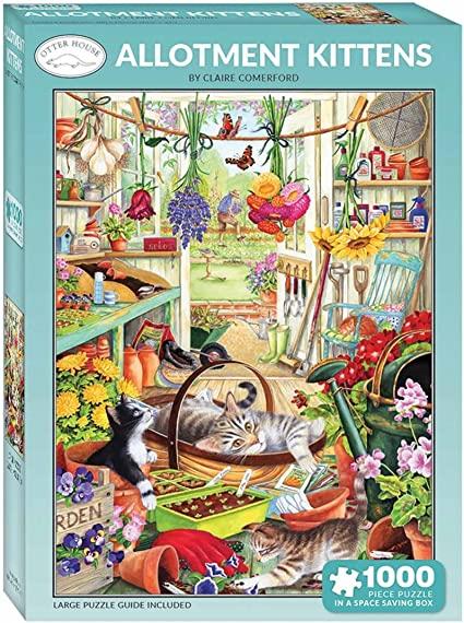 A colorful puzzle box featuring playful kittens, a cat, and a dog, set in an otter house allotment scene.