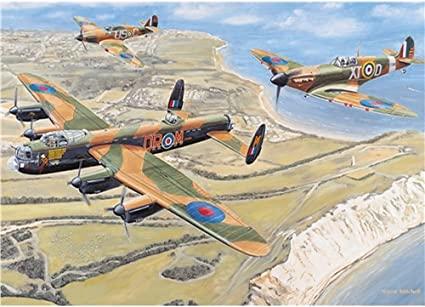 A painting depicting three planes soaring over the ocean, inspired by the Otter House Battle of Britain puzzle.