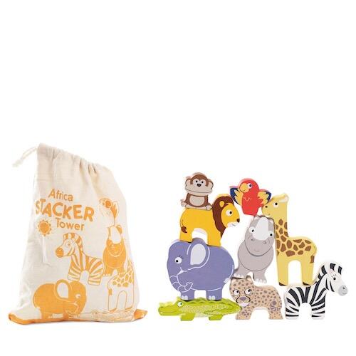 A wooden animal set featuring a stacker tower, accompanied by a bag and a collection of colorful toys.