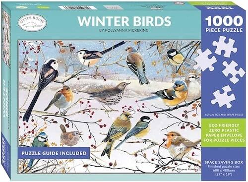 A decorative puzzle box showcasing vibrant winter birds, combining art and fun for puzzle lovers.