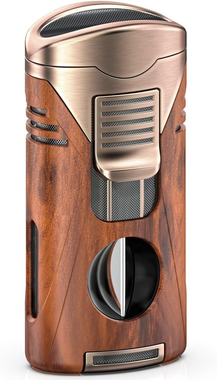 Premium Quad Jet Flame Cigar Lighter with Cutter & Draw Tool - Colour Wood Grain