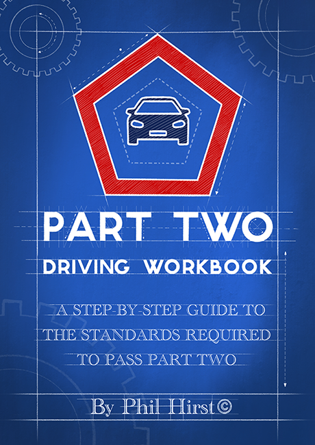 Cover page image with blueprint-style background, featuring a drawing of a car driving forward through a red pentagon