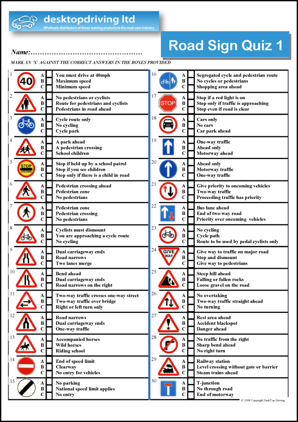 Road Sign Quiz No1 FREE PDF Download