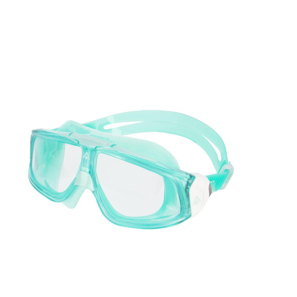 Clear lens Aquasphere Seal 2.0 swim mask with translucent green frame, strap and seal