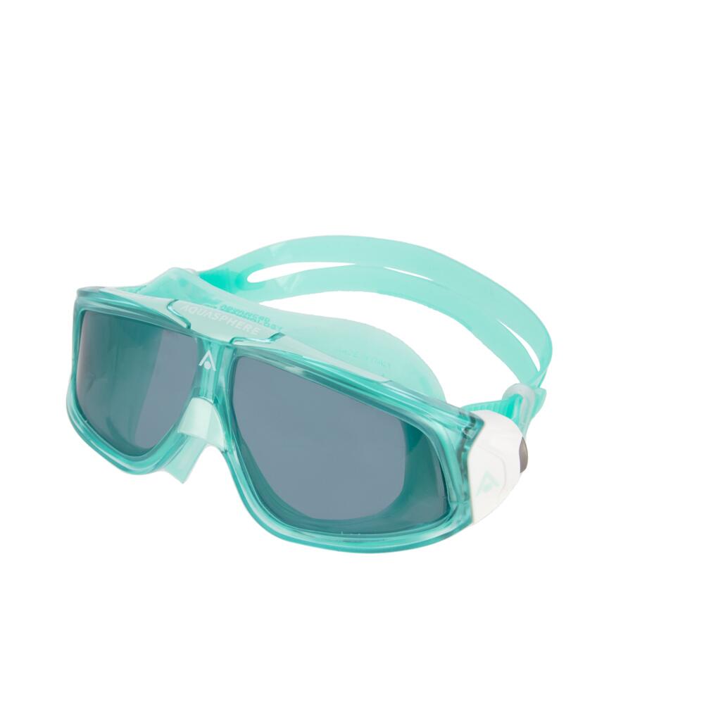Smoke tinted lens Aquasphere Seal 2.0 swim mask with translucent green frame, strap and seal