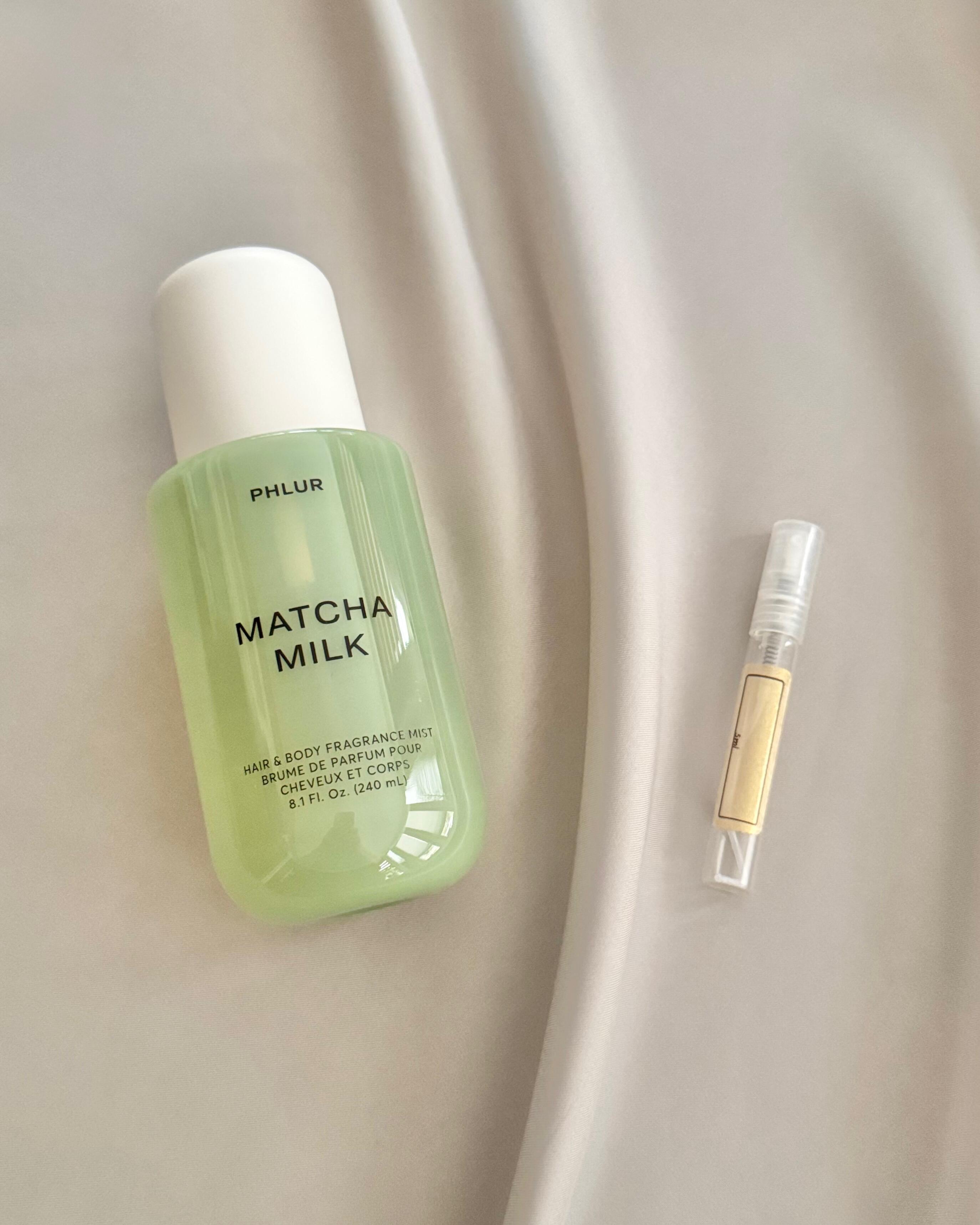 Phlur Matcha Milk Hair & Body Mist and sample bottles