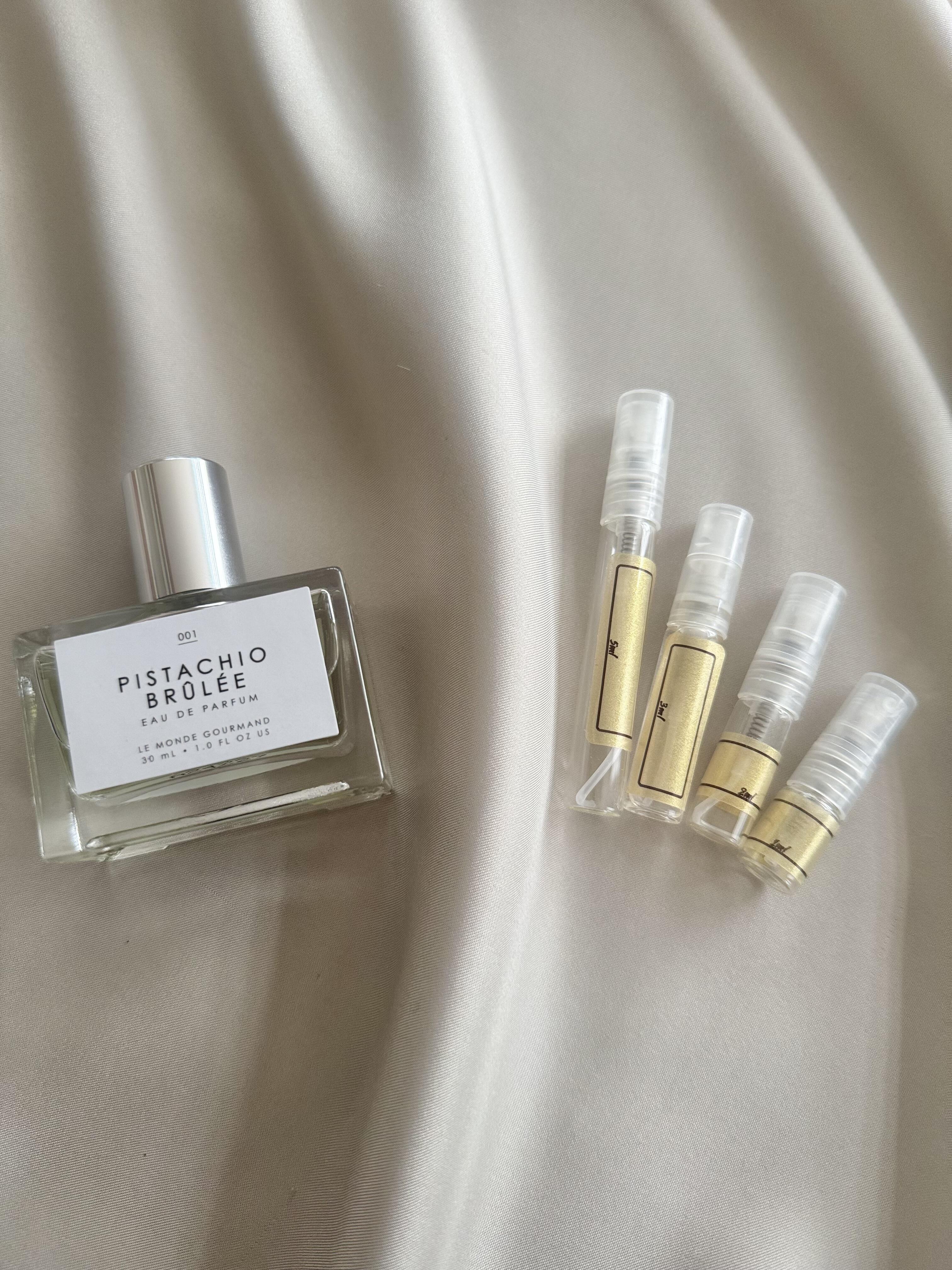 Le Monde Gourmand  Pistachio Brulee with sample bottles