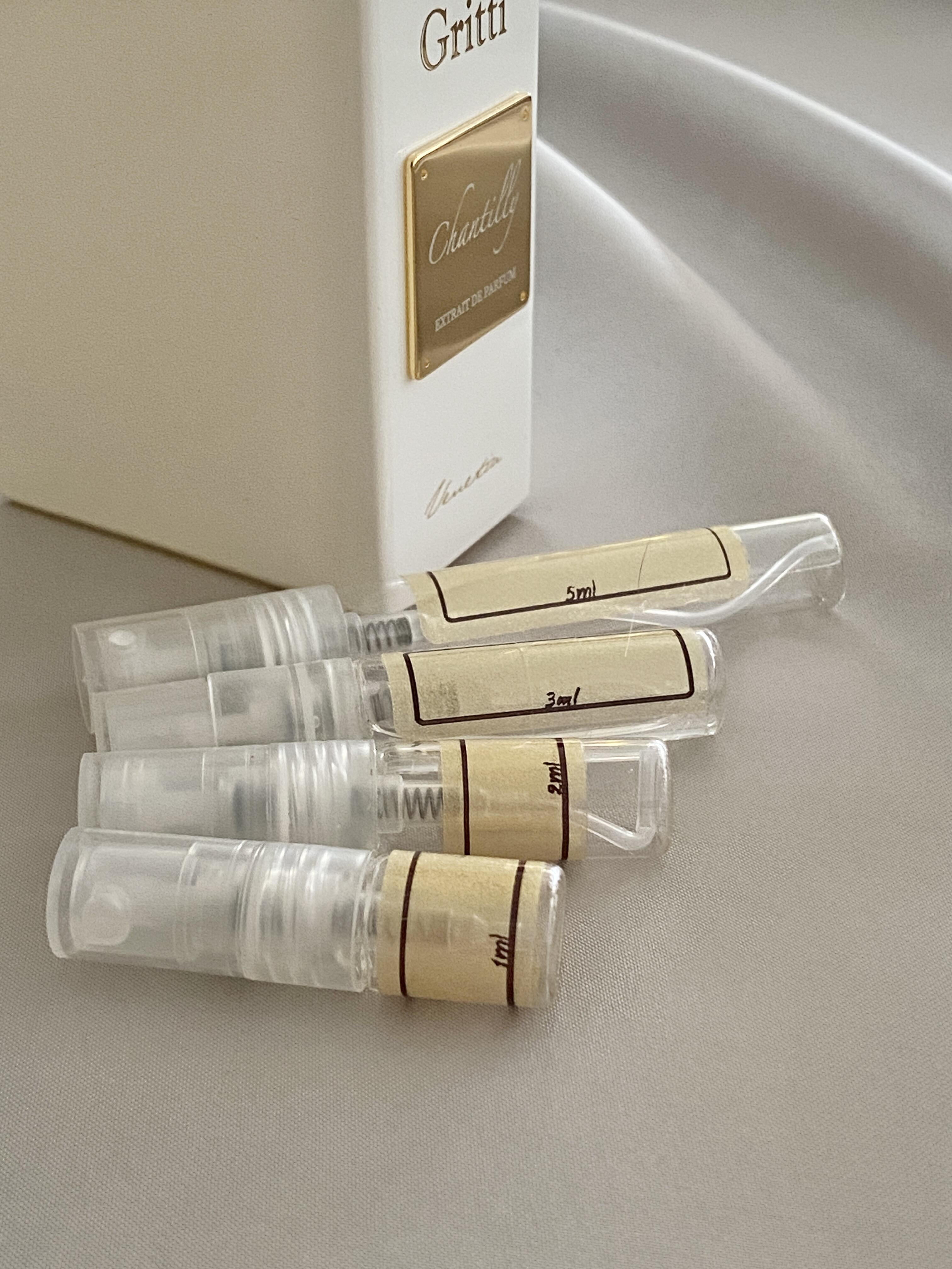 Gritti Chantilly Extrait and sample bottles