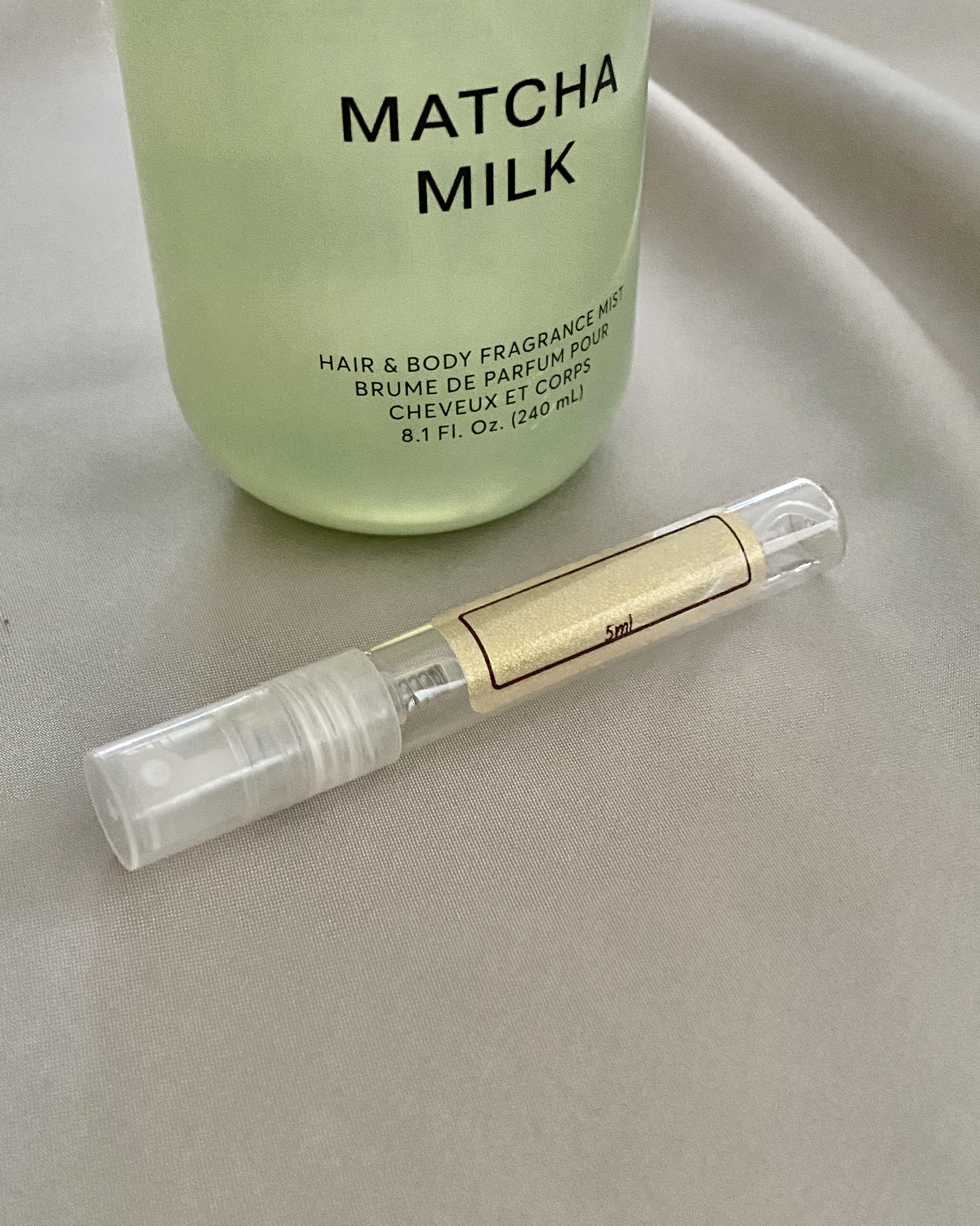 Phlur Matcha Milk Hair & Body Mist with sample bottles