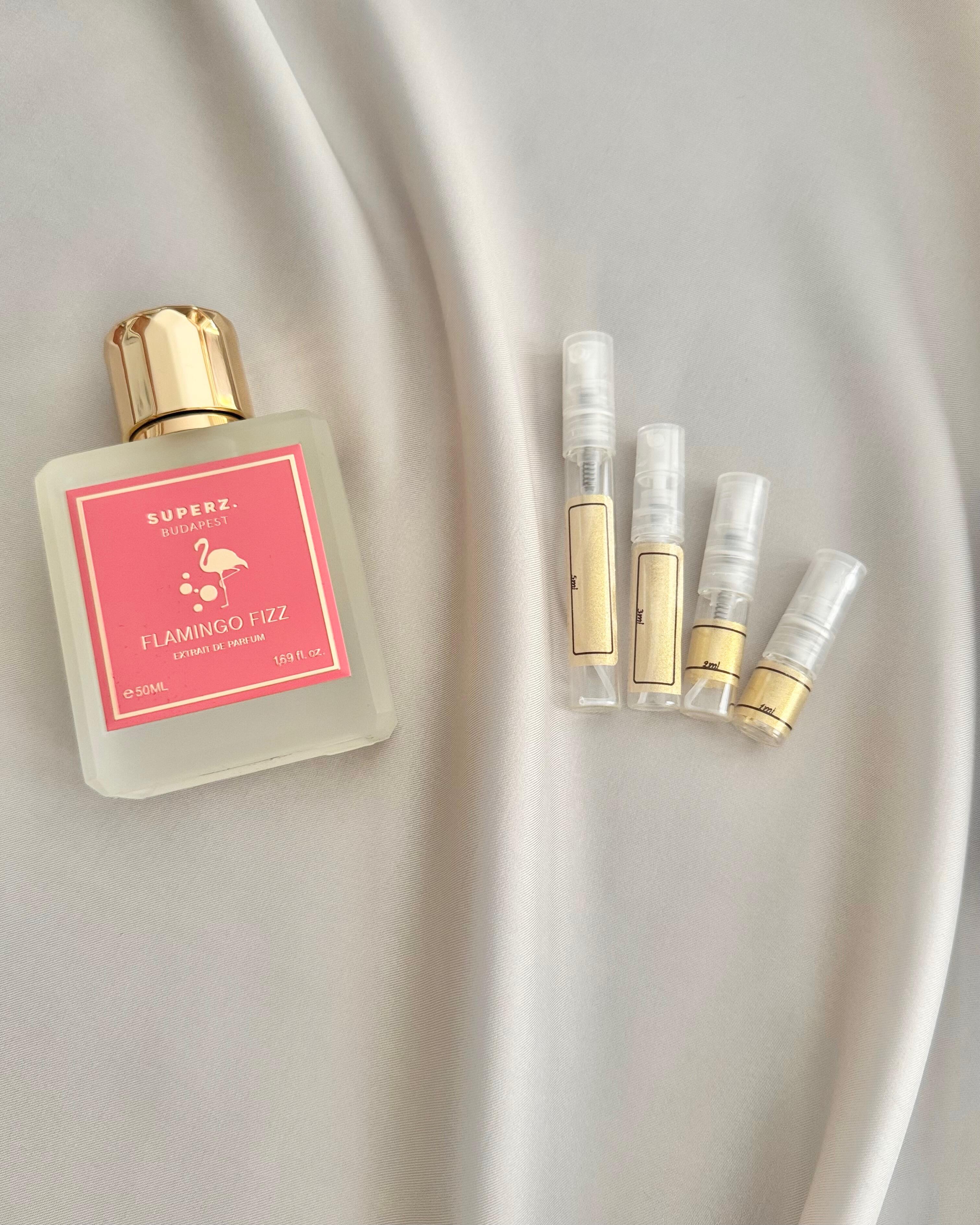 Super. Flamingo Fizz perfume and sample bottles