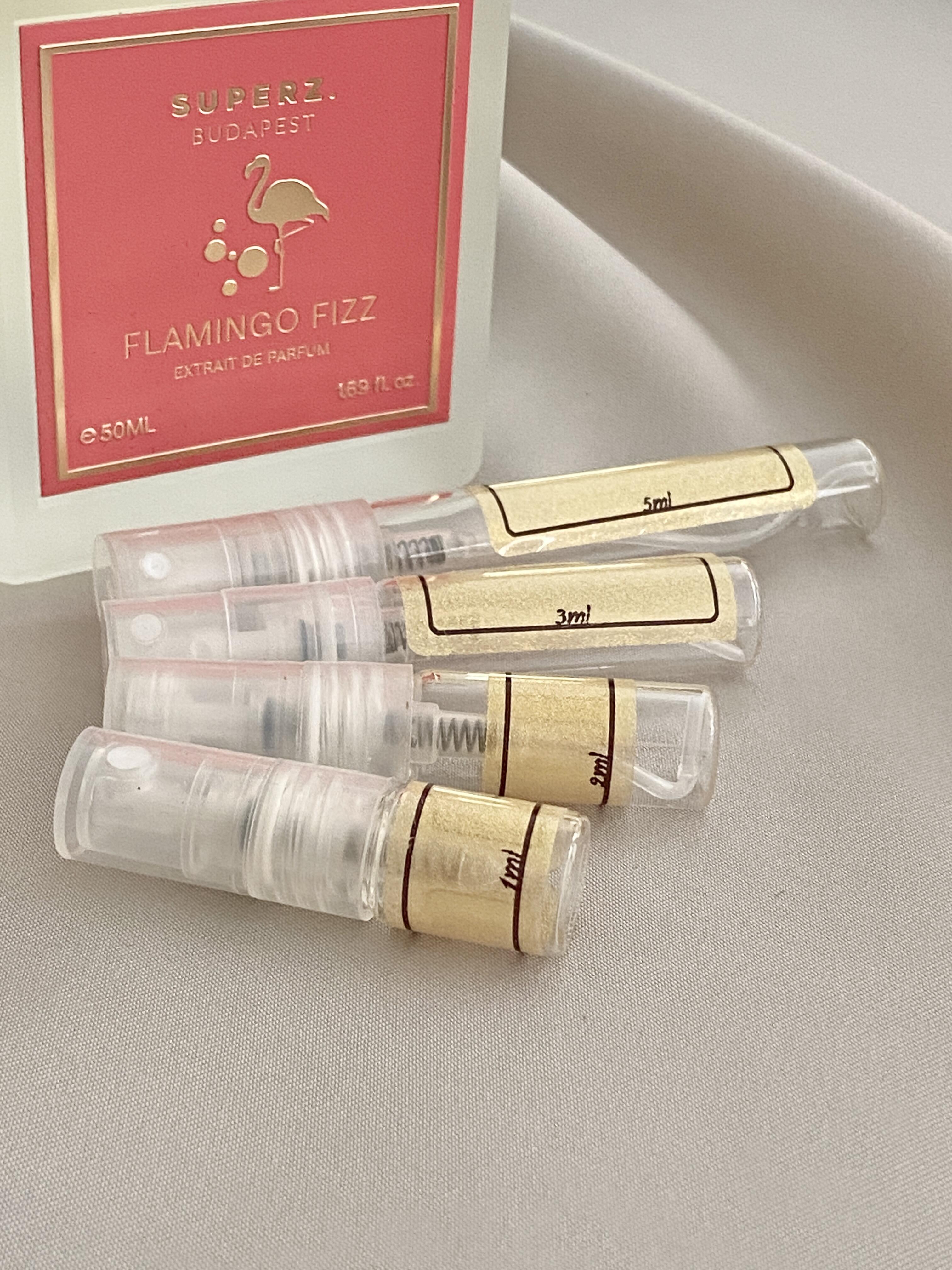 Super. Flamingo Fizz perfume with sample bottles