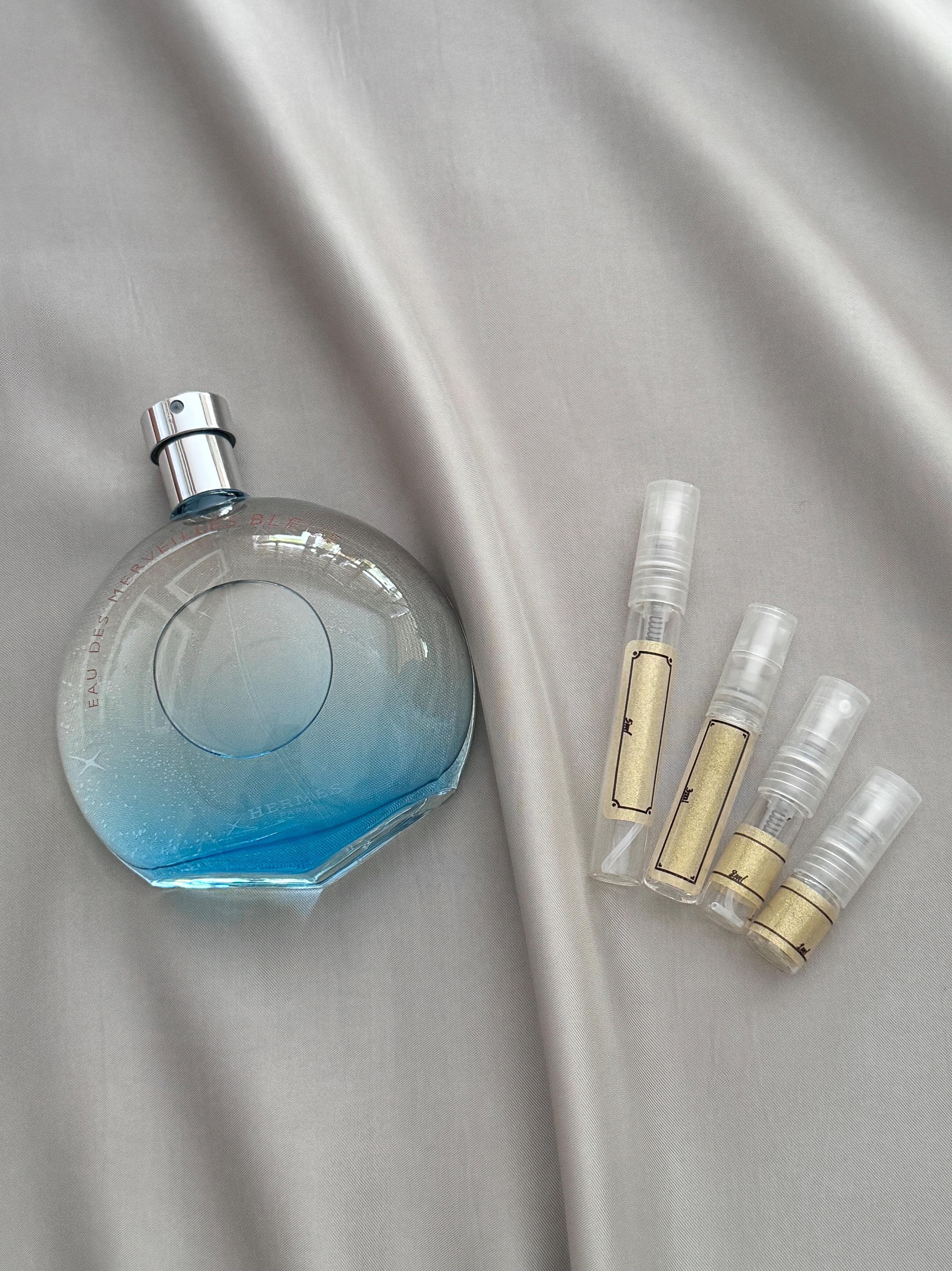 Hermes Eau des Merveilles Bleue Perfume with sample bottles