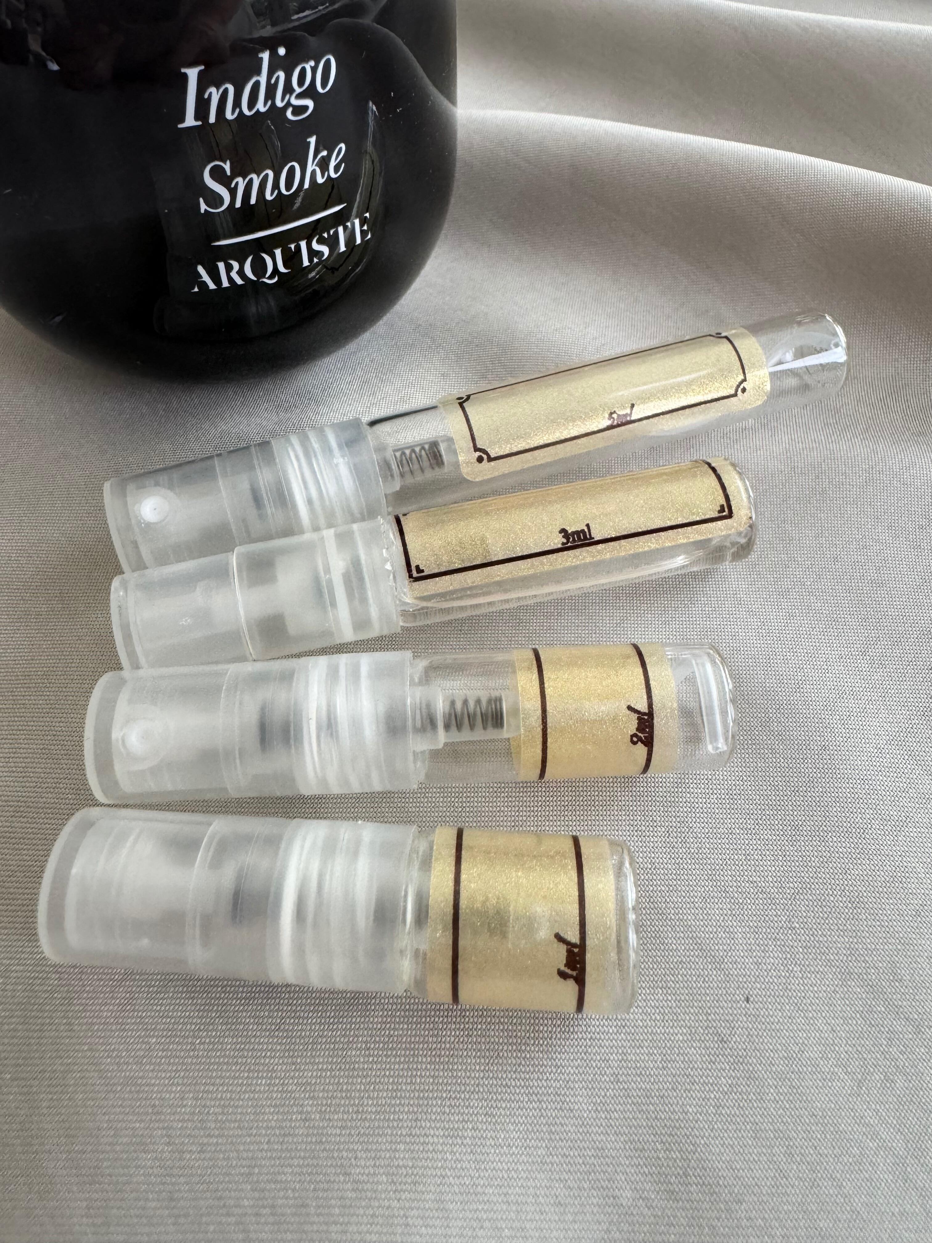 Arquiste Indigo Smoke perfume with sample bottles