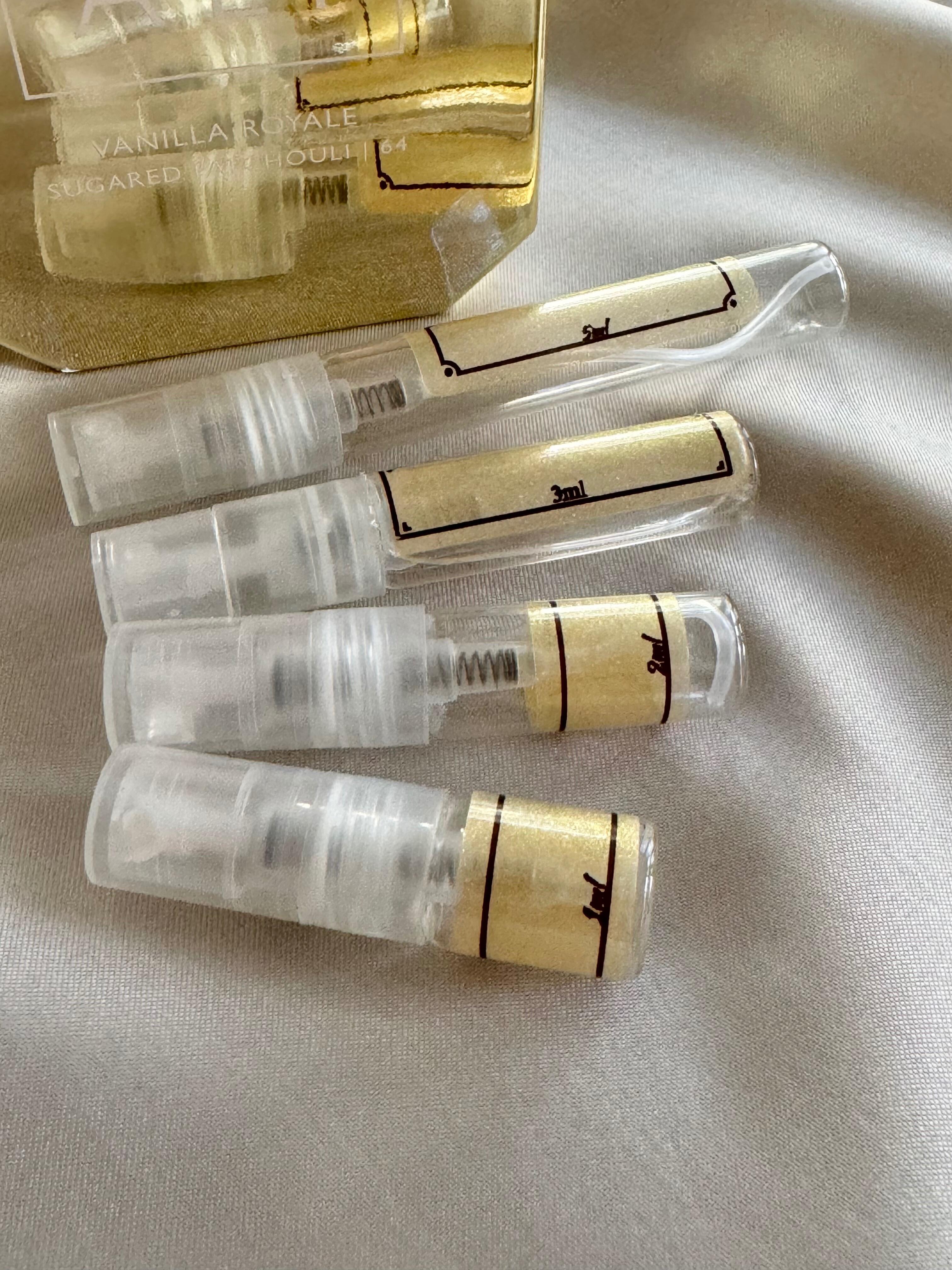 Kayali Vanilla Royale Sugared Patchouli 64 perfume with sample bottles
