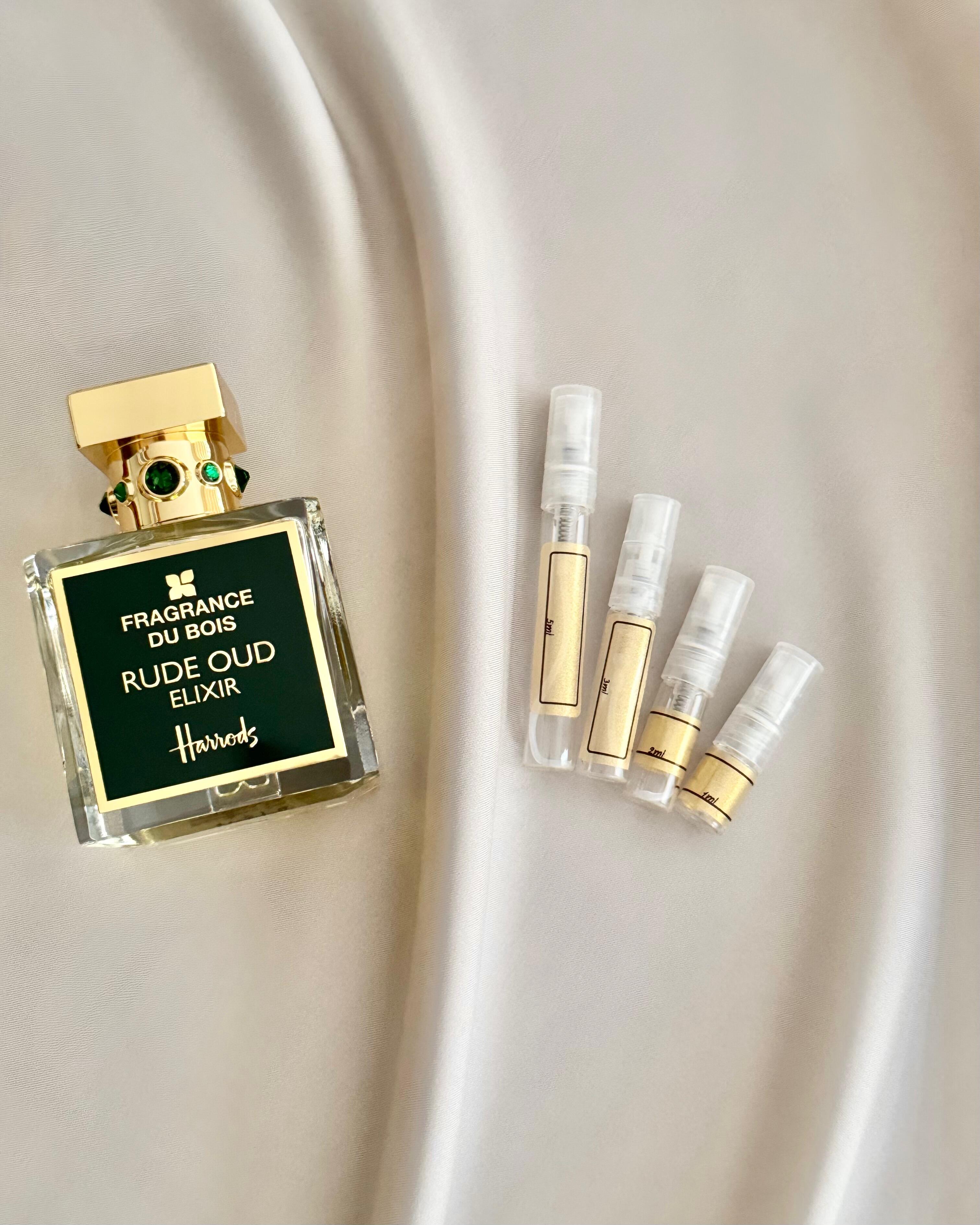 Fragrance Du Bois Rude Oud Elixir with sample bottles