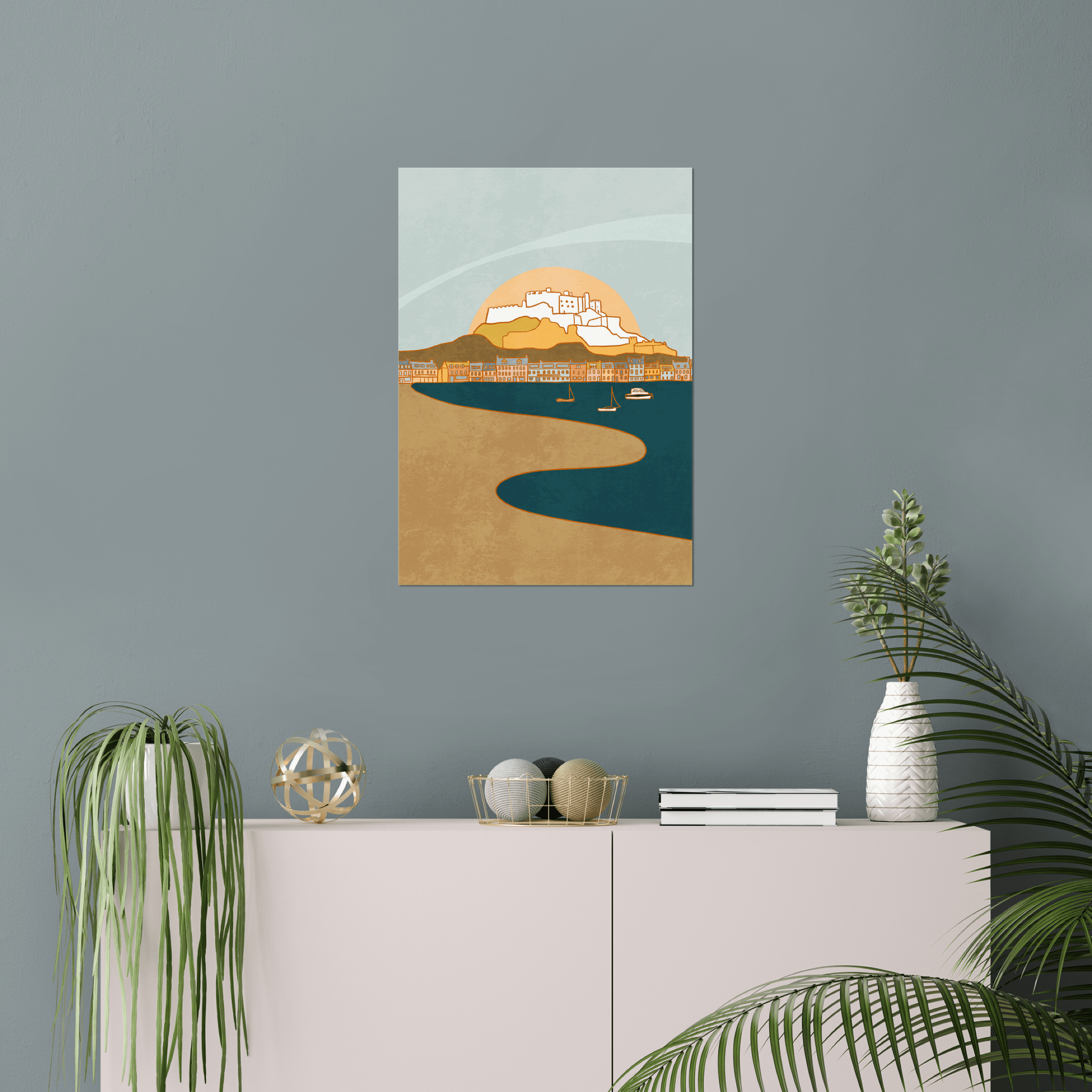 Gorey Castle modern illustration displayed on living room wall, no border.